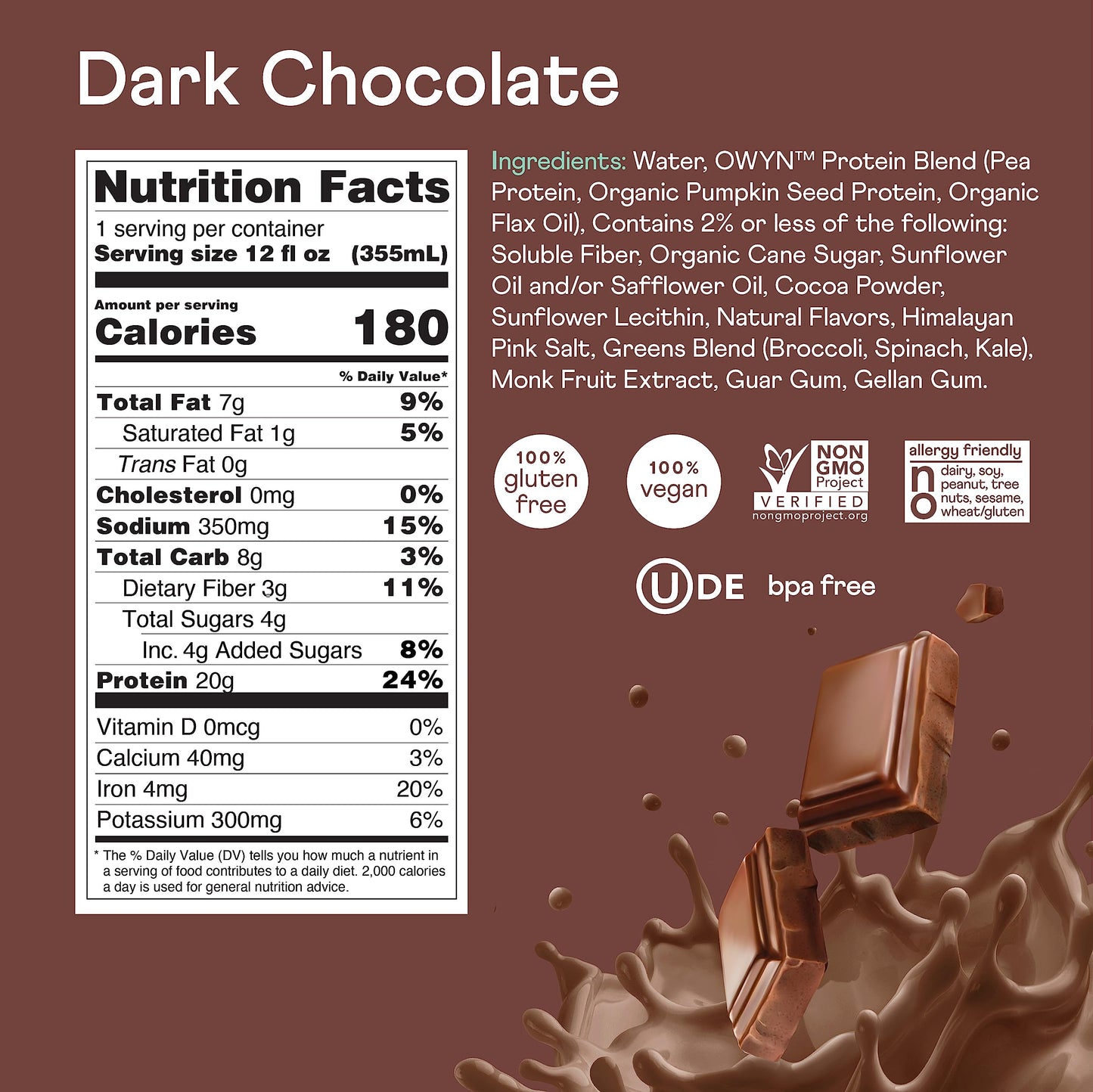 OWYN Only What You Need Protein Shake Variety Pack, Dark Chocolate, Cold Brew Coffee, Cookies and Creamless, 20g Protein, 4g Sugar, 3g Fiber, Dairy Free, Plant Based Protein Drink, 12 CT
