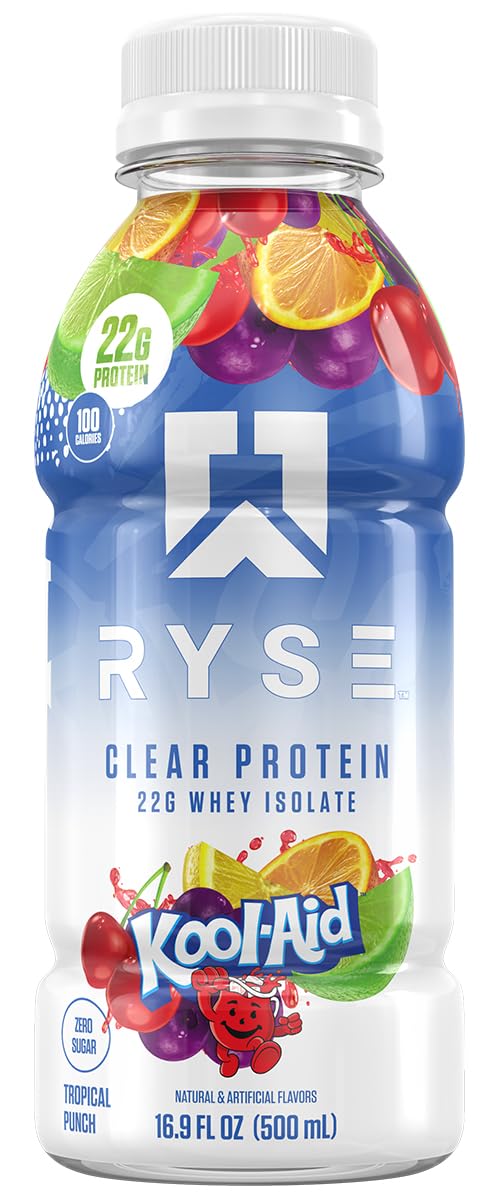 RYSE Clear Protein Drink - Kool-Aid Tropical Punch - 100 Calories, 22g Whey Isolate Protein Shake, Sugar-Free, 0g Fat & Lactose-Free - Refreshing Ready-to-Drink Beverage - 16.9 fl oz Bottles (12-Pack)
