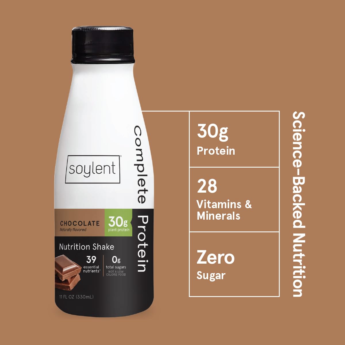 Soylent Complete Protein Shake, Chocolate, 30g Protein, Vegan, Dairy Free and 0g Sugar, Ready to Drink Protein Drinks, 11oz (12 Pack)