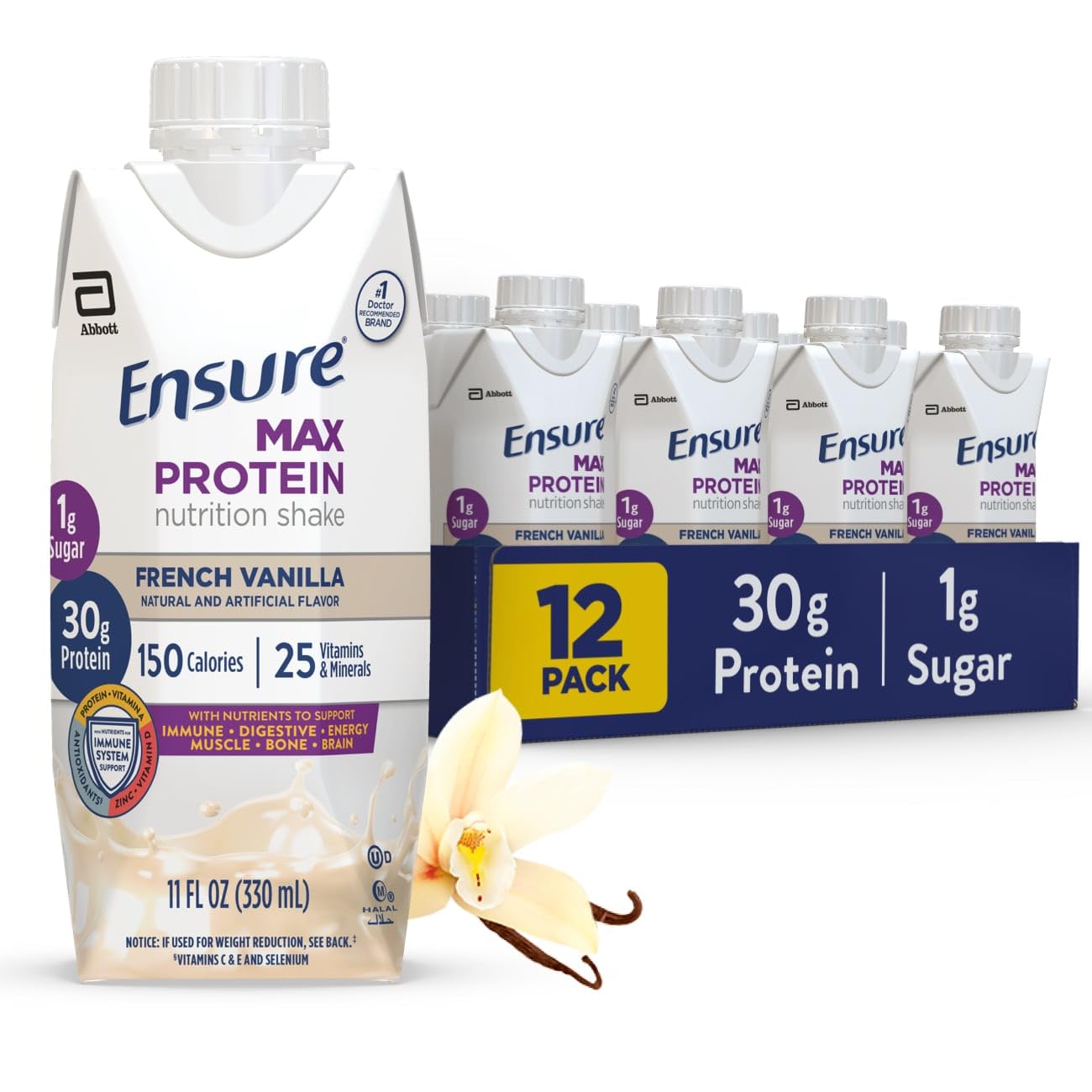 Ensure Max Protein Creamy Peach Nutrition Shake | 30g Protein, 1g Sugar, 4g Fiber Blend | 12 Pack
