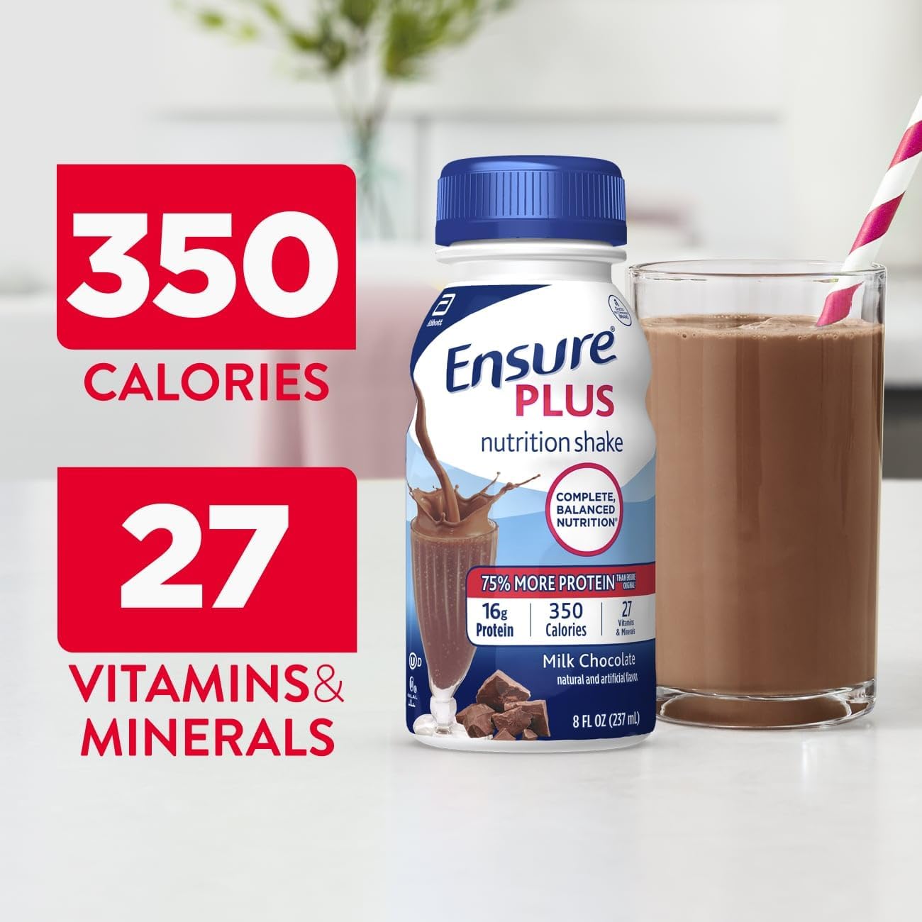 Ensure Plus Nutrition Shake With 16 Grams of Protein, Meal Replacement Shakes, Milk Chocolate, 8 Fl Oz (Pack of 24)