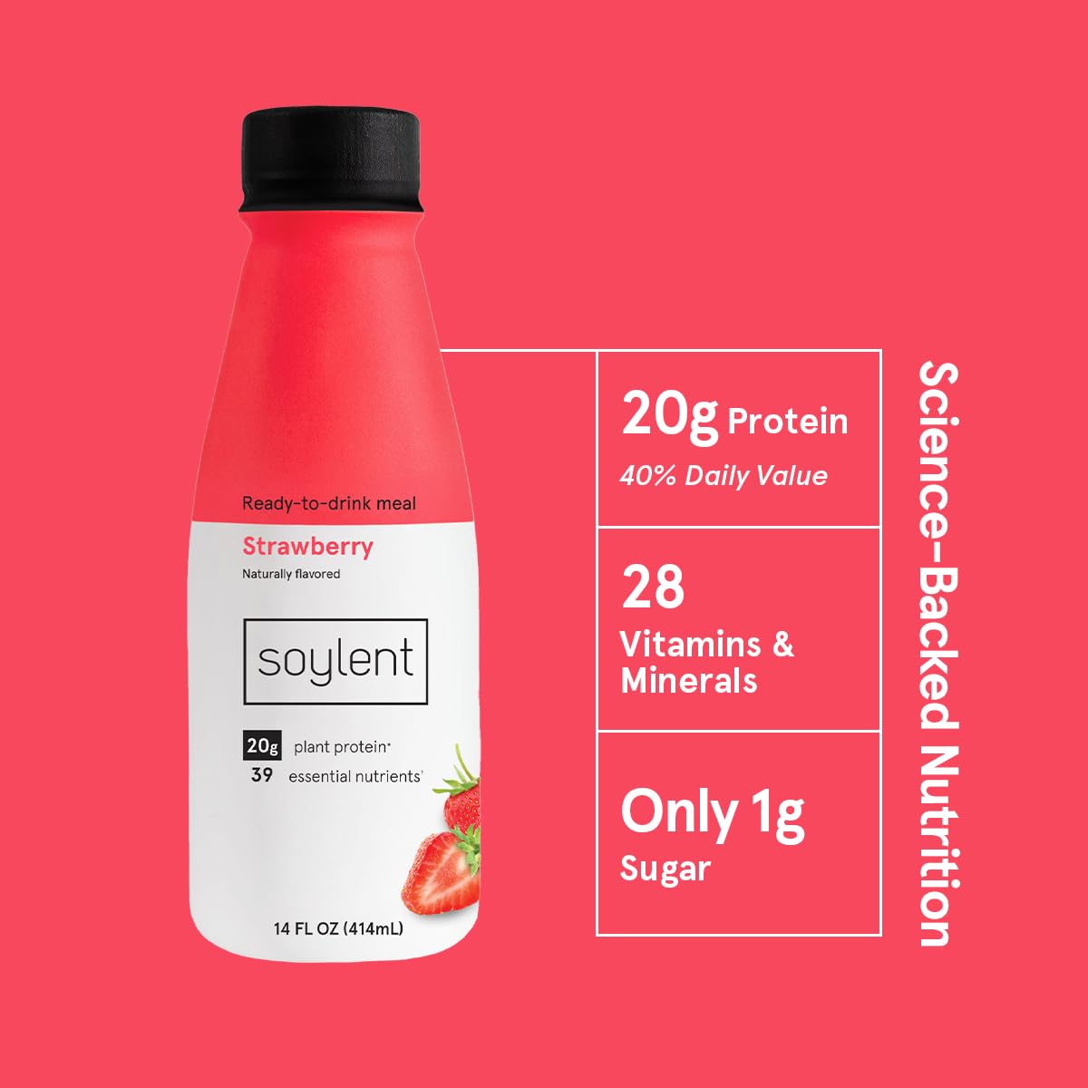 Soylent Original Meal Replacement Shake, Ready-to-Drink Plant Based Protein Drink, Contains 20g Complete Vegan Protein and 1g Sugar, 14oz, 12 Pack