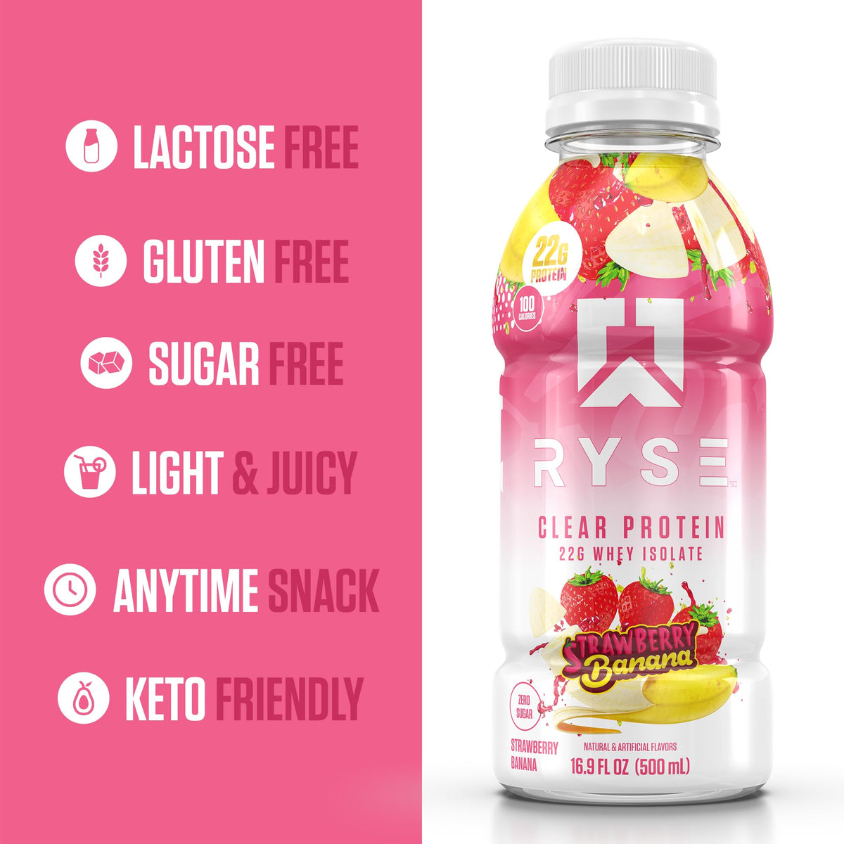 RYSE Clear Protein Drink - Kool-Aid Tropical Punch - 100 Calories, 22g Whey Isolate Protein Shake, Sugar-Free, 0g Fat & Lactose-Free - Refreshing Ready-to-Drink Beverage - 16.9 fl oz Bottles (12-Pack)