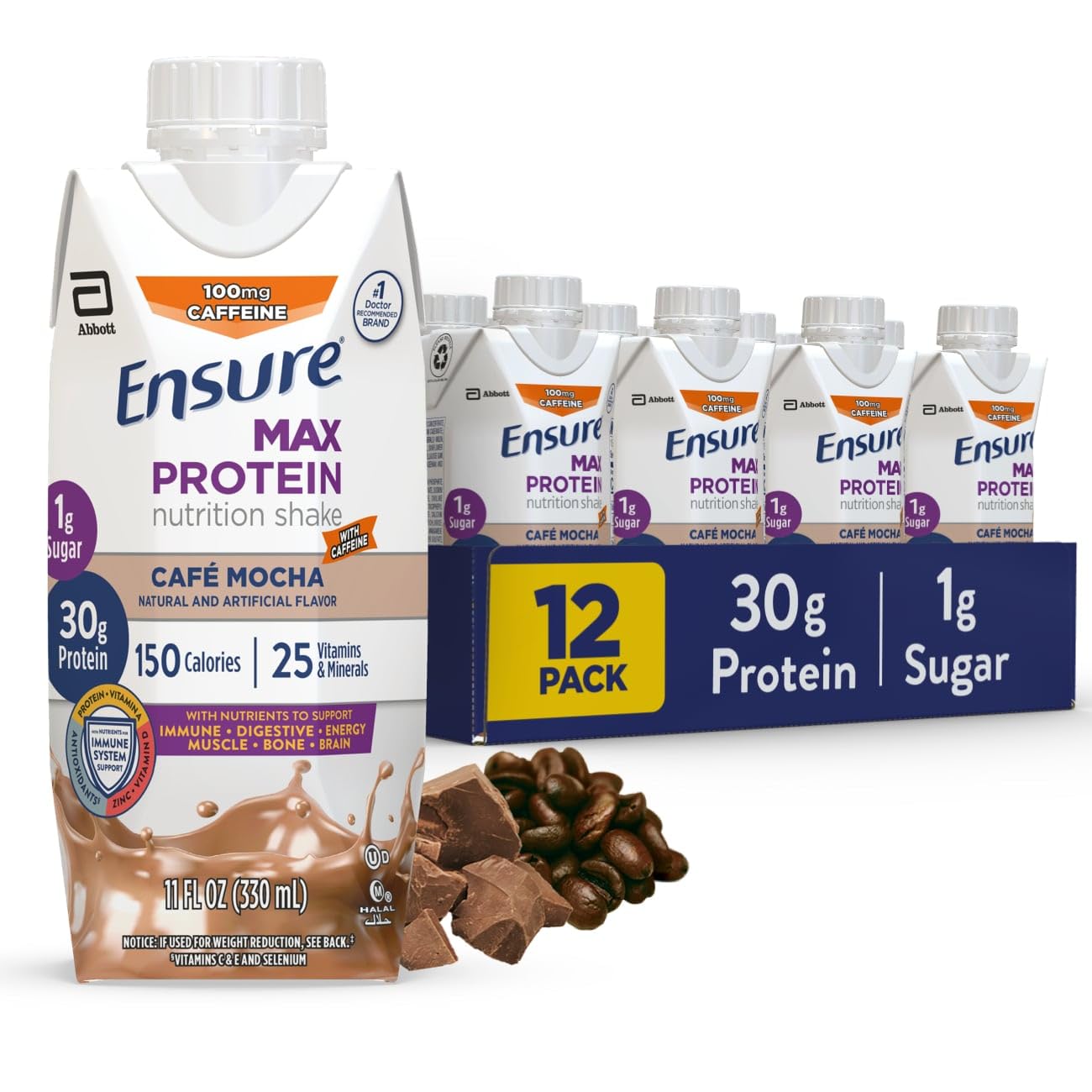 Ensure Max Protein Creamy Peach Nutrition Shake | 30g Protein, 1g Sugar, 4g Fiber Blend | 12 Pack