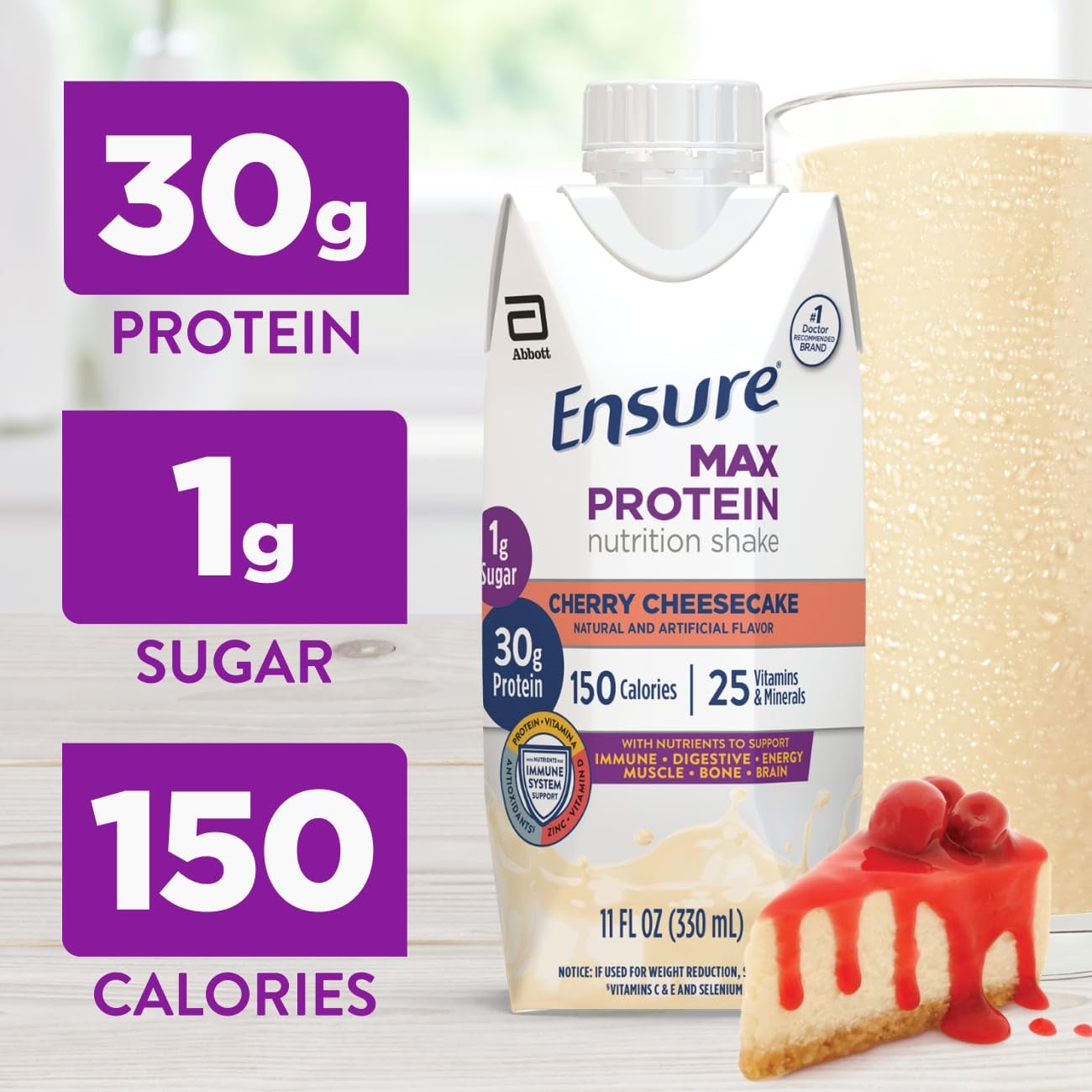 Ensure Max Protein Creamy Peach Nutrition Shake | 30g Protein, 1g Sugar, 4g Fiber Blend | 12 Pack