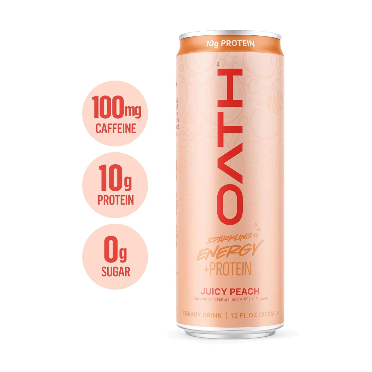 Oath Nutrition Sparkling Energy + Protein Drink, Juicy Peach Flavored, Sugar-Free Energy Drink with 10g of Complete Protein, 100mg of Natural Caffeine, 12 Ounces (12 Pack)