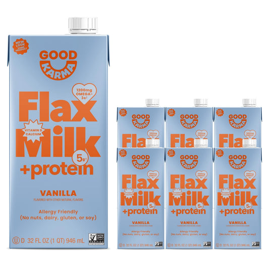 Good Karma Unsweetened Flaxmilk +Protein, 32 Ounce (Pack of 6), 5g Plant Protein + 1200mg Omega-3 Per Serving, Plant-Based Non-Dairy Milk Alternative, Lactose Free, Nut Free, Vegan, Shelf Stable