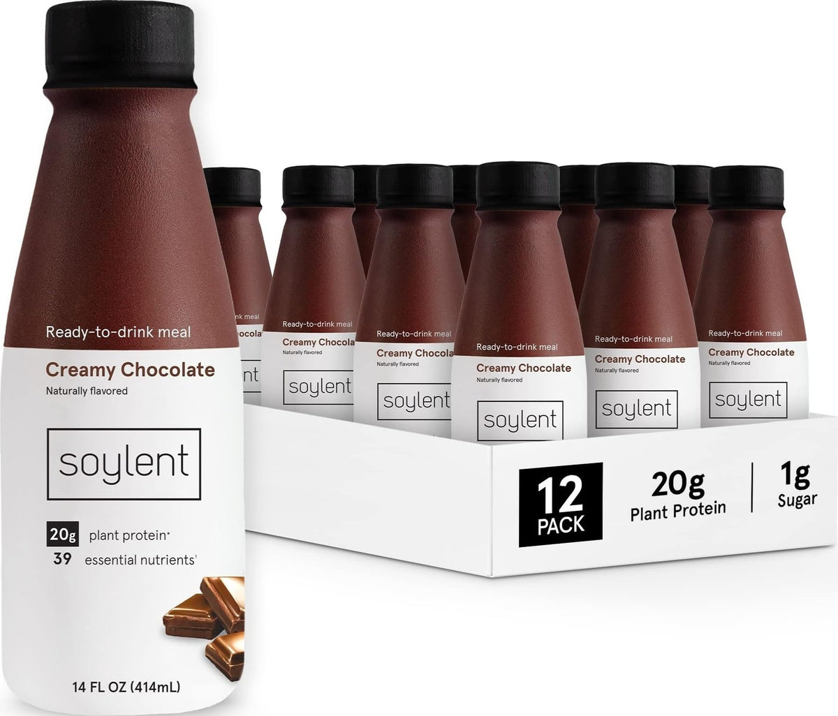 Soylent Original Meal Replacement Shake, Ready-to-Drink Plant Based Protein Drink, Contains 20g Complete Vegan Protein and 1g Sugar, 14oz, 12 Pack
