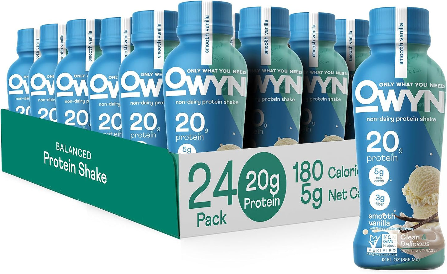 OWYN Only What You Need Plant Based Protein Shake, 20g Vegan Protein from Organic Pumpkin Seed, Flax, Pea Blend, Prebiotic Supplement, Superfood Greens, Gluten & Soy-Free (Vanilla, 24 Pack)
