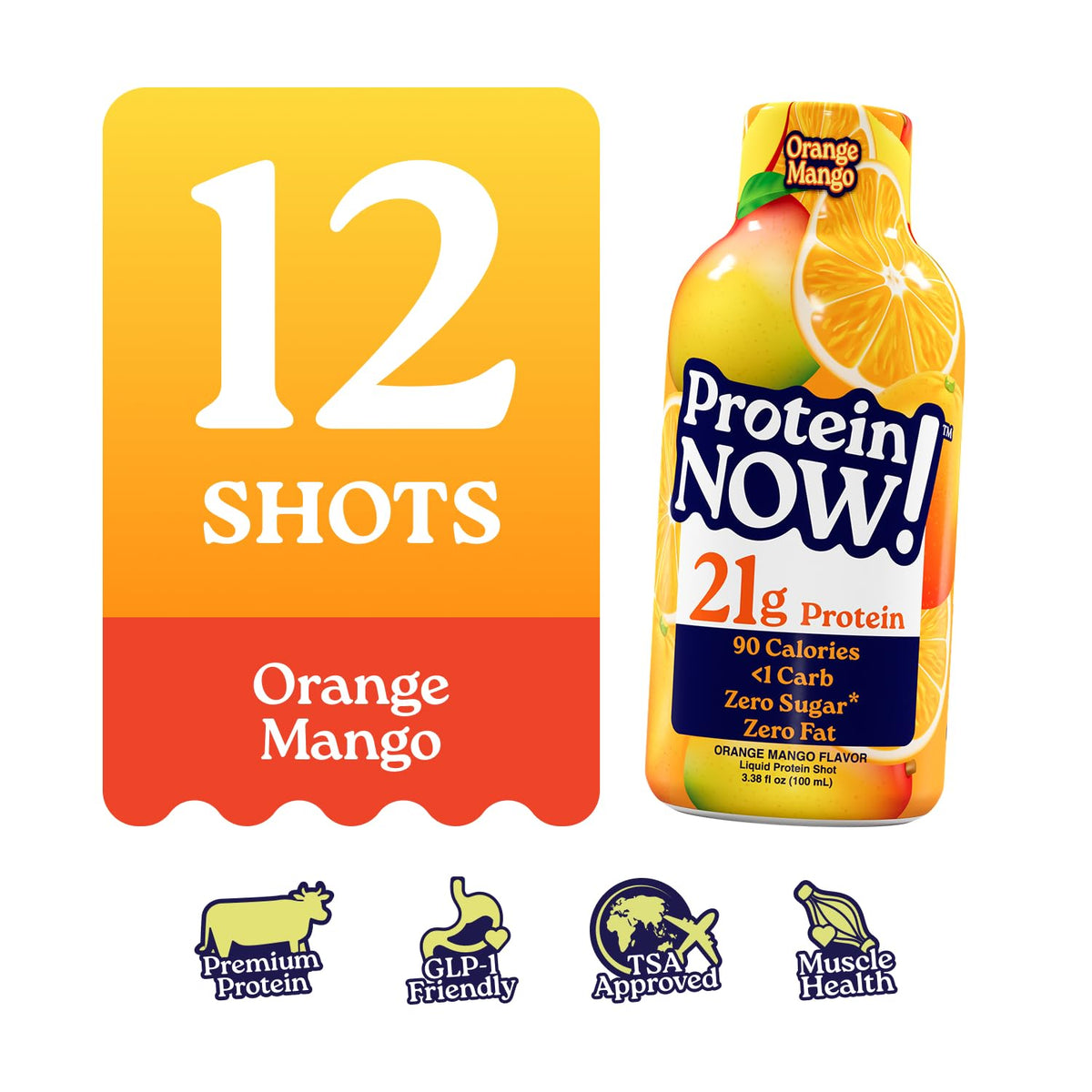 Protein Now Liquid 3 oz. Protein Shot By NutraBio– 21g Protein, 0 Carbs, 0 Fat, GLP-1 Support, Ready-to-Drink, No Refrigeration, Whey & Collagen Protein for Hair, Skin & Nails, On-the-Go Nutrition- Orange Mango