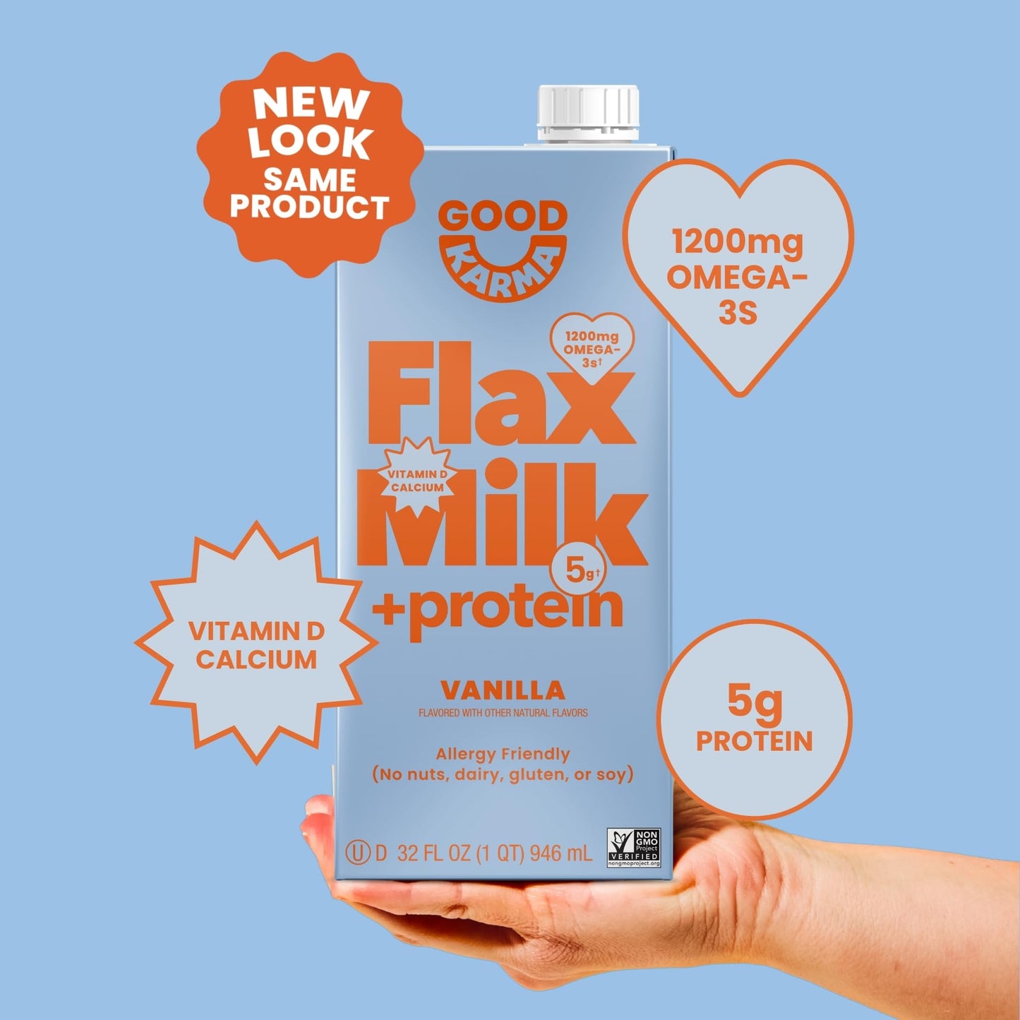 Good Karma Unsweetened Flaxmilk +Protein, 32 Ounce (Pack of 6), 5g Plant Protein + 1200mg Omega-3 Per Serving, Plant-Based Non-Dairy Milk Alternative, Lactose Free, Nut Free, Vegan, Shelf Stable