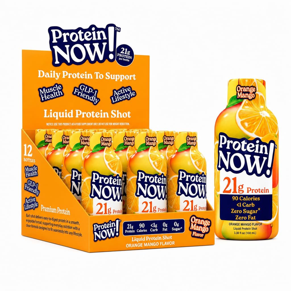 Protein Now Liquid 3 oz. Protein Shot By NutraBio– 21g Protein, 0 Carbs, 0 Fat, GLP-1 Support, Ready-to-Drink, No Refrigeration, Whey & Collagen Protein for Hair, Skin & Nails, On-the-Go Nutrition- Orange Mango