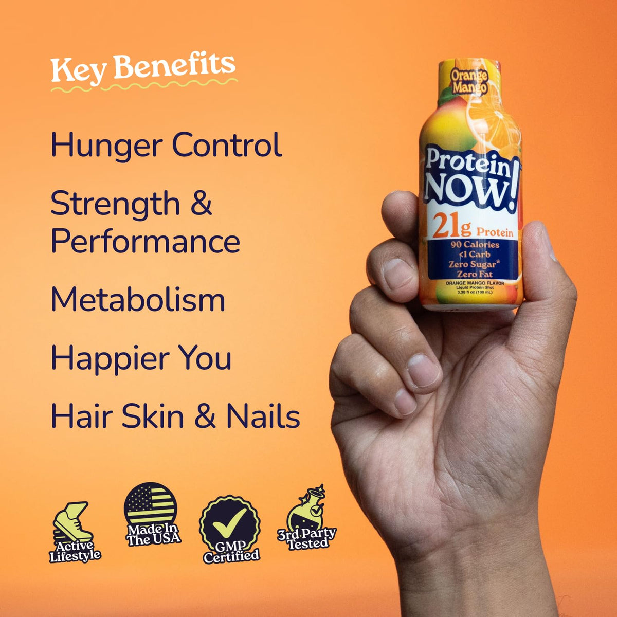 Protein Now Liquid 3 oz. Protein Shot By NutraBio– 21g Protein, 0 Carbs, 0 Fat, GLP-1 Support, Ready-to-Drink, No Refrigeration, Whey & Collagen Protein for Hair, Skin & Nails, On-the-Go Nutrition- Orange Mango