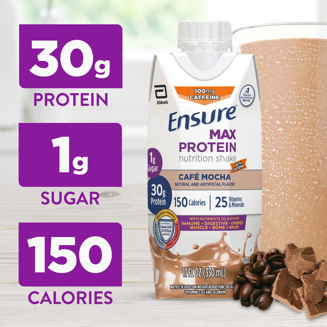 Ensure Max Protein Creamy Peach Nutrition Shake | 30g Protein, 1g Sugar, 4g Fiber Blend | 12 Pack