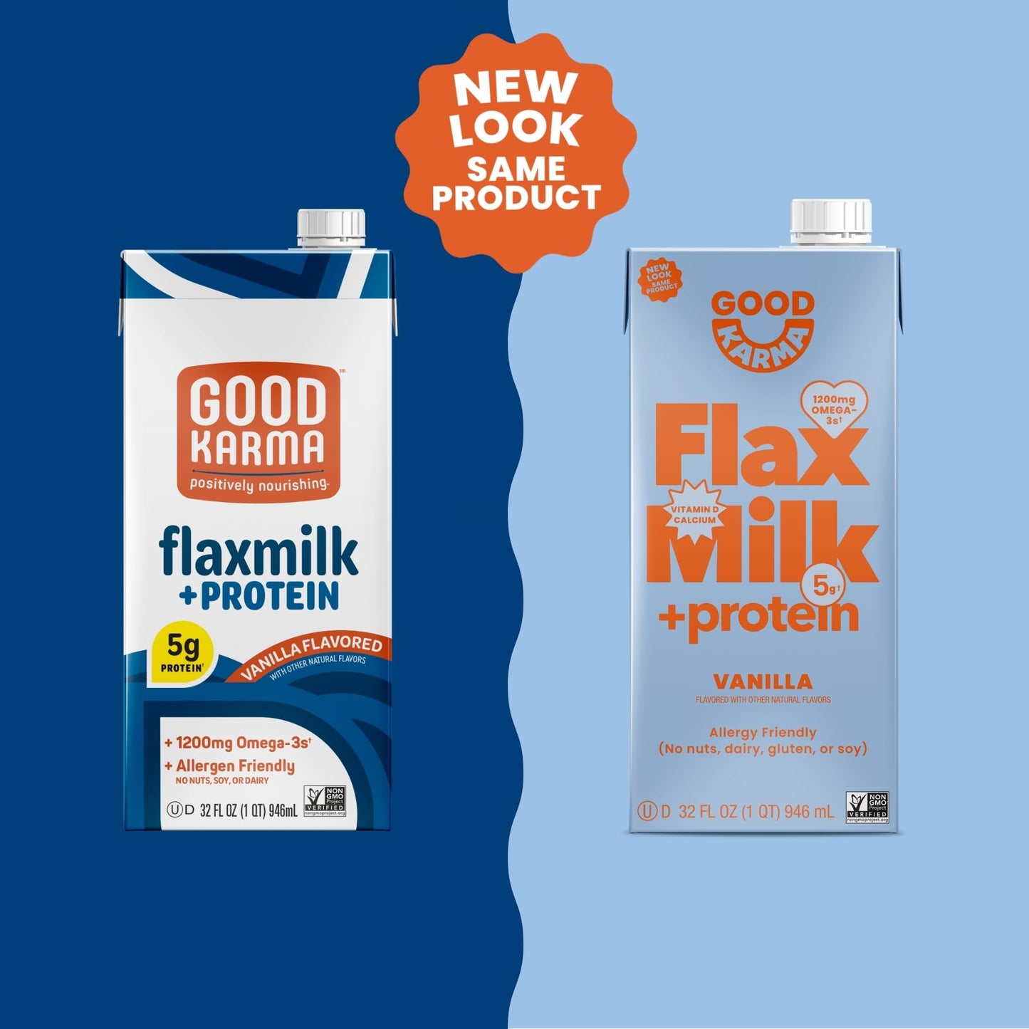 Good Karma Unsweetened Flaxmilk +Protein, 32 Ounce (Pack of 6), 5g Plant Protein + 1200mg Omega-3 Per Serving, Plant-Based Non-Dairy Milk Alternative, Lactose Free, Nut Free, Vegan, Shelf Stable