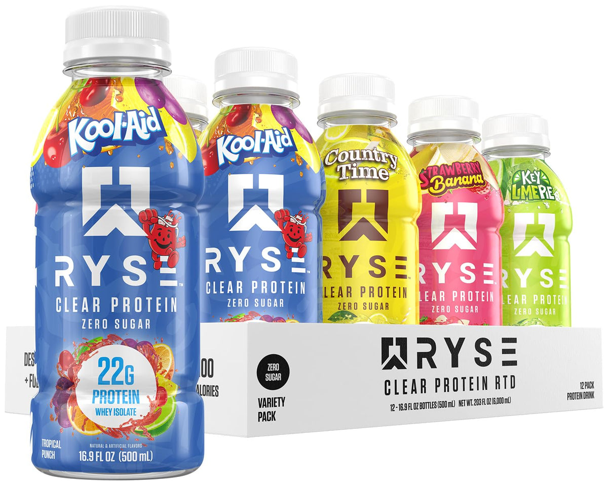 RYSE Clear Protein Drink - Kool-Aid Tropical Punch - 100 Calories, 22g Whey Isolate Protein Shake, Sugar-Free, 0g Fat & Lactose-Free - Refreshing Ready-to-Drink Beverage - 16.9 fl oz Bottles (12-Pack)