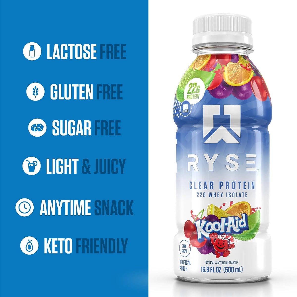 RYSE Clear Protein Drink - Kool-Aid Tropical Punch - 100 Calories, 22g Whey Isolate Protein Shake, Sugar-Free, 0g Fat & Lactose-Free - Refreshing Ready-to-Drink Beverage - 16.9 fl oz Bottles (12-Pack)