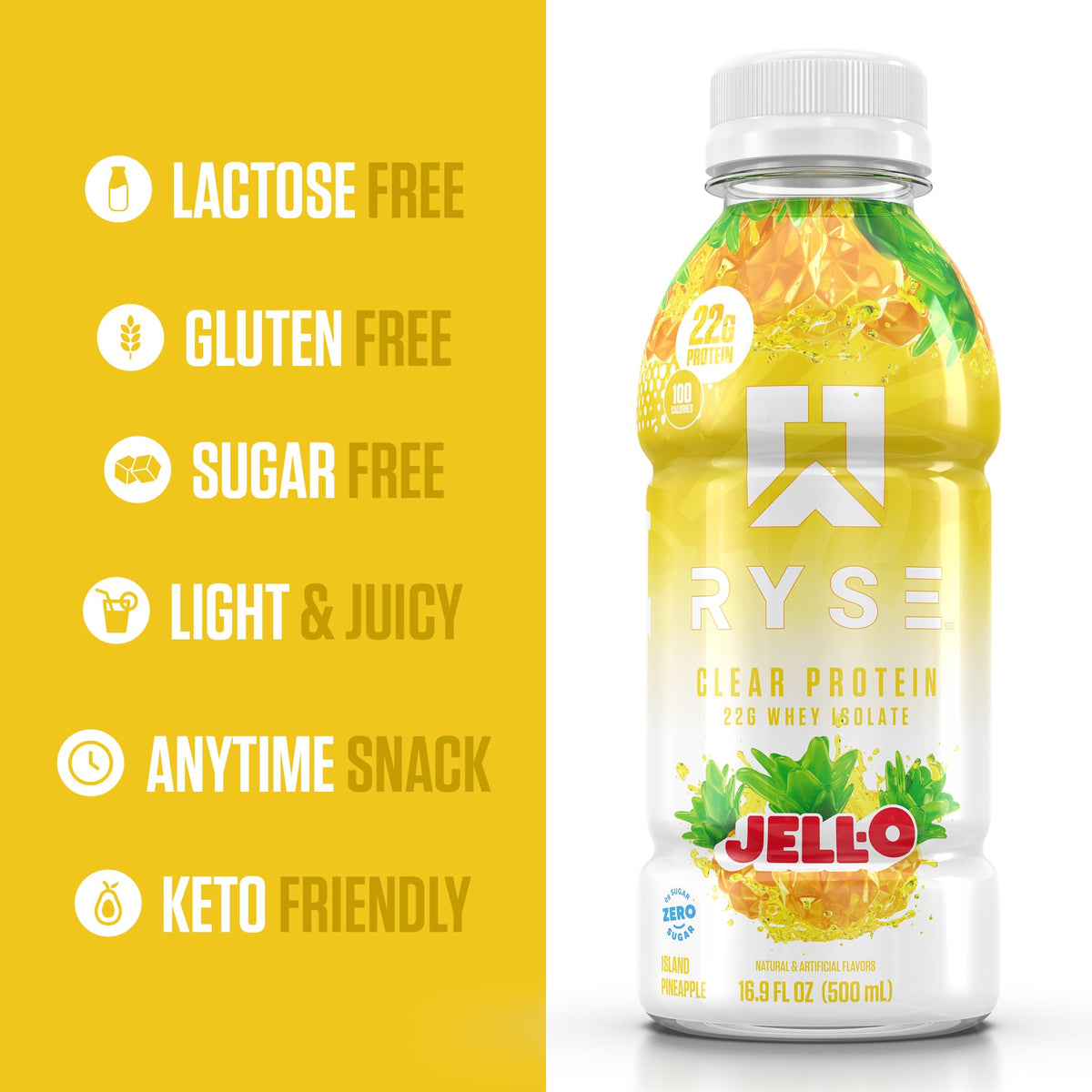 RYSE Clear Protein Drink - Kool-Aid Tropical Punch - 100 Calories, 22g Whey Isolate Protein Shake, Sugar-Free, 0g Fat & Lactose-Free - Refreshing Ready-to-Drink Beverage - 16.9 fl oz Bottles (12-Pack)