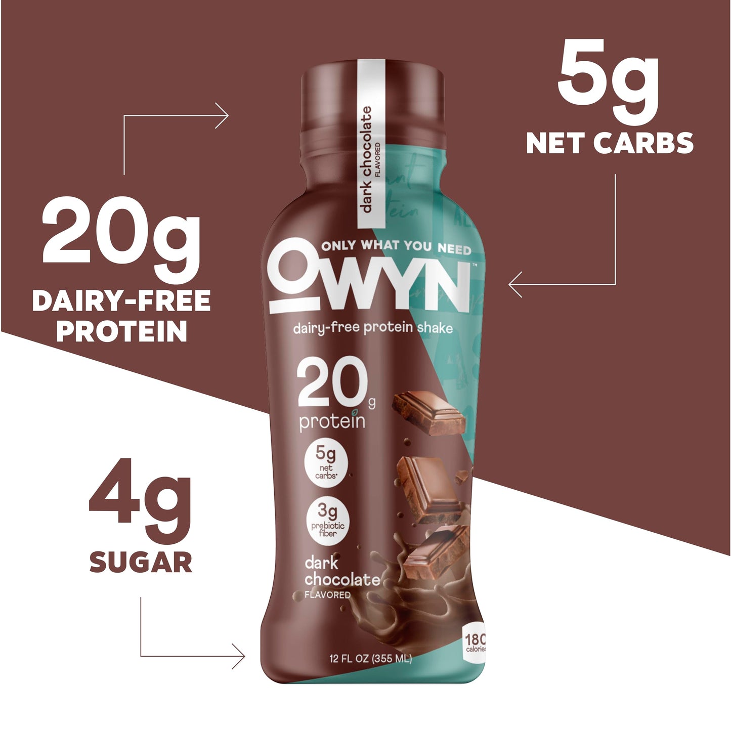 OWYN Only What You Need Protein Shake Variety Pack, Dark Chocolate, Cold Brew Coffee, Cookies and Creamless, 20g Protein, 4g Sugar, 3g Fiber, Dairy Free, Plant Based Protein Drink, 12 CT
