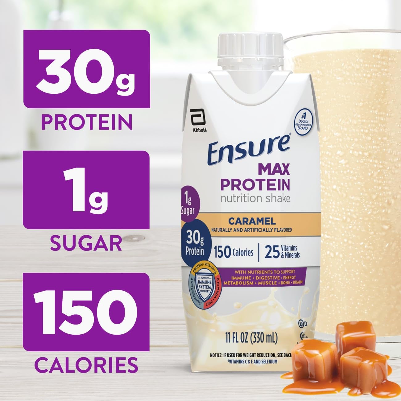 Ensure Max Protein Creamy Peach Nutrition Shake | 30g Protein, 1g Sugar, 4g Fiber Blend | 12 Pack