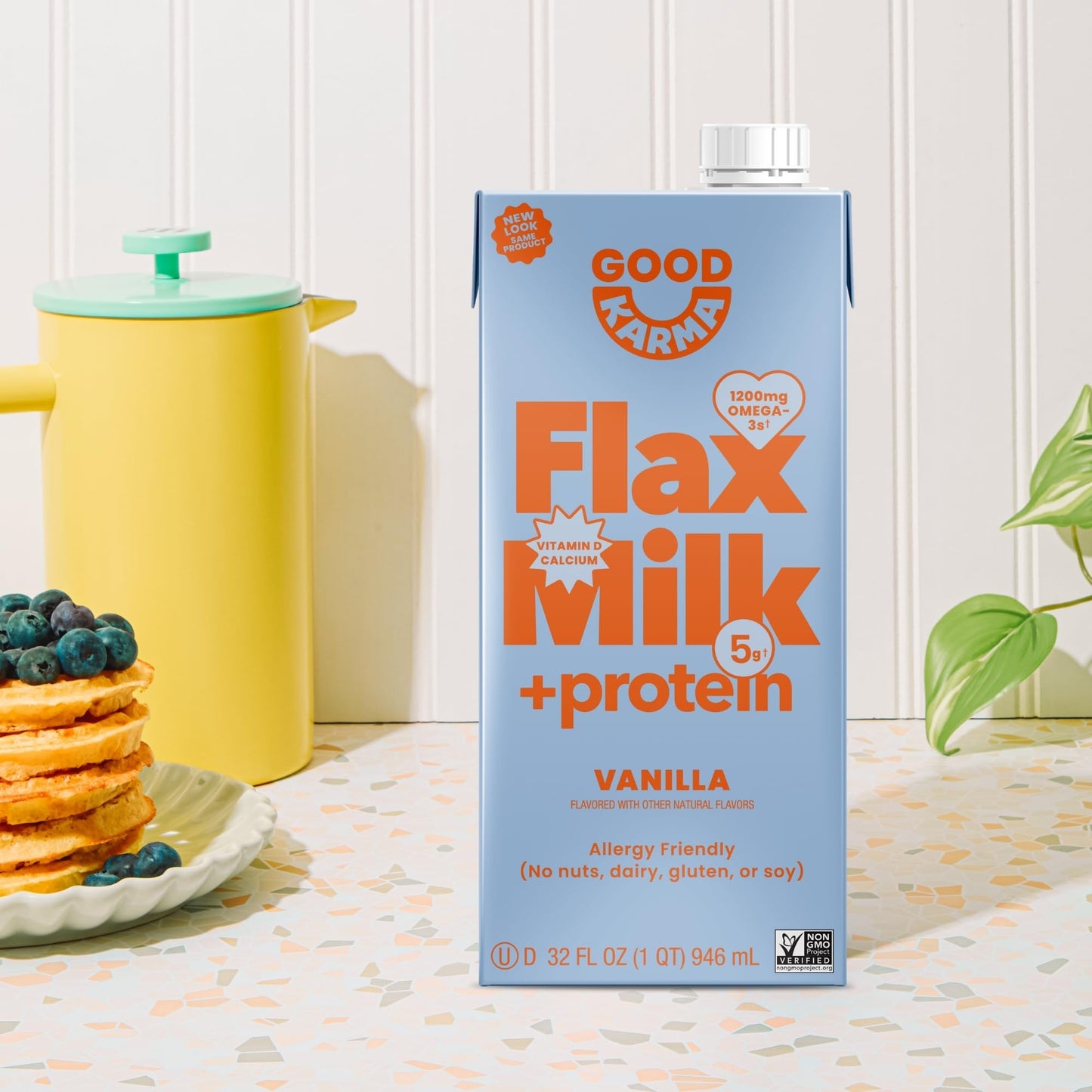Good Karma Unsweetened Flaxmilk +Protein, 32 Ounce (Pack of 6), 5g Plant Protein + 1200mg Omega-3 Per Serving, Plant-Based Non-Dairy Milk Alternative, Lactose Free, Nut Free, Vegan, Shelf Stable