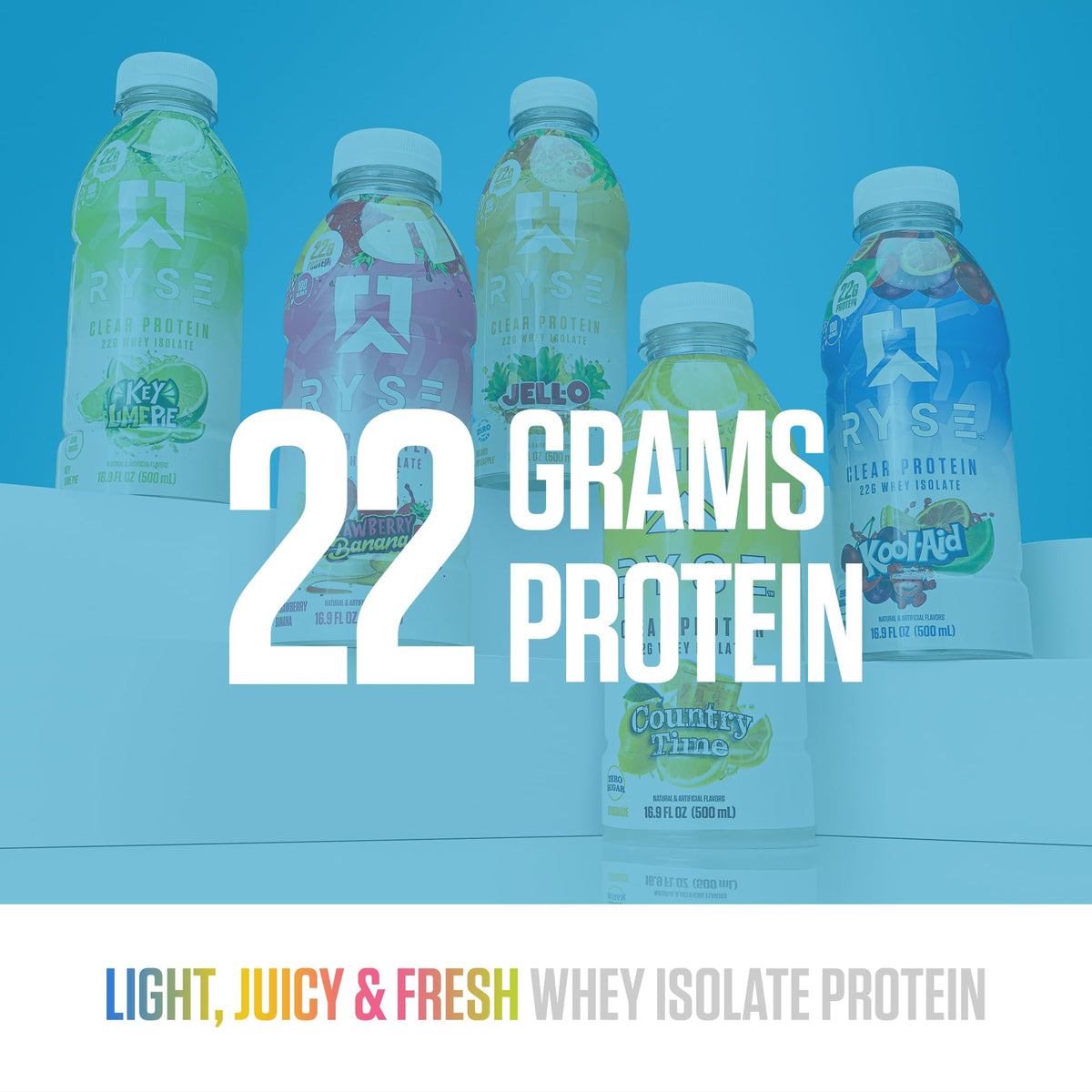 RYSE Clear Protein Drink - Kool-Aid Tropical Punch - 100 Calories, 22g Whey Isolate Protein Shake, Sugar-Free, 0g Fat & Lactose-Free - Refreshing Ready-to-Drink Beverage - 16.9 fl oz Bottles (12-Pack)