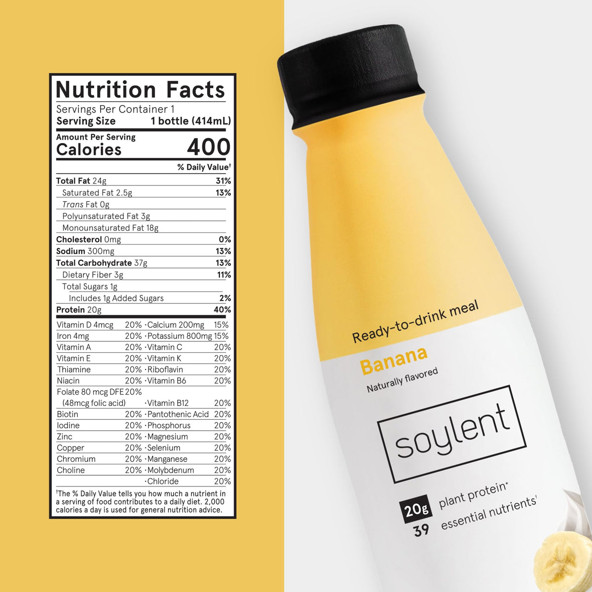 Soylent Original Meal Replacement Shake, Ready-to-Drink Plant Based Protein Drink, Contains 20g Complete Vegan Protein and 1g Sugar, 14oz, 12 Pack