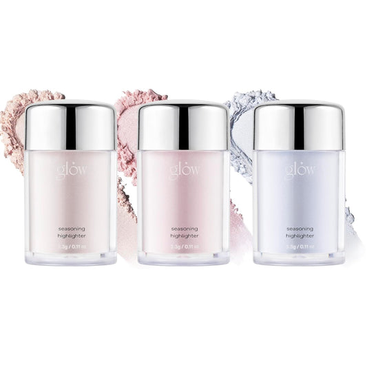 glow seasoning highlighter | luminous loose-powder highlighter | ultra-fine particles for pore-blurring smooth skin | precision seasoning jar for controlled application | 0.11 fl oz × 3 ea