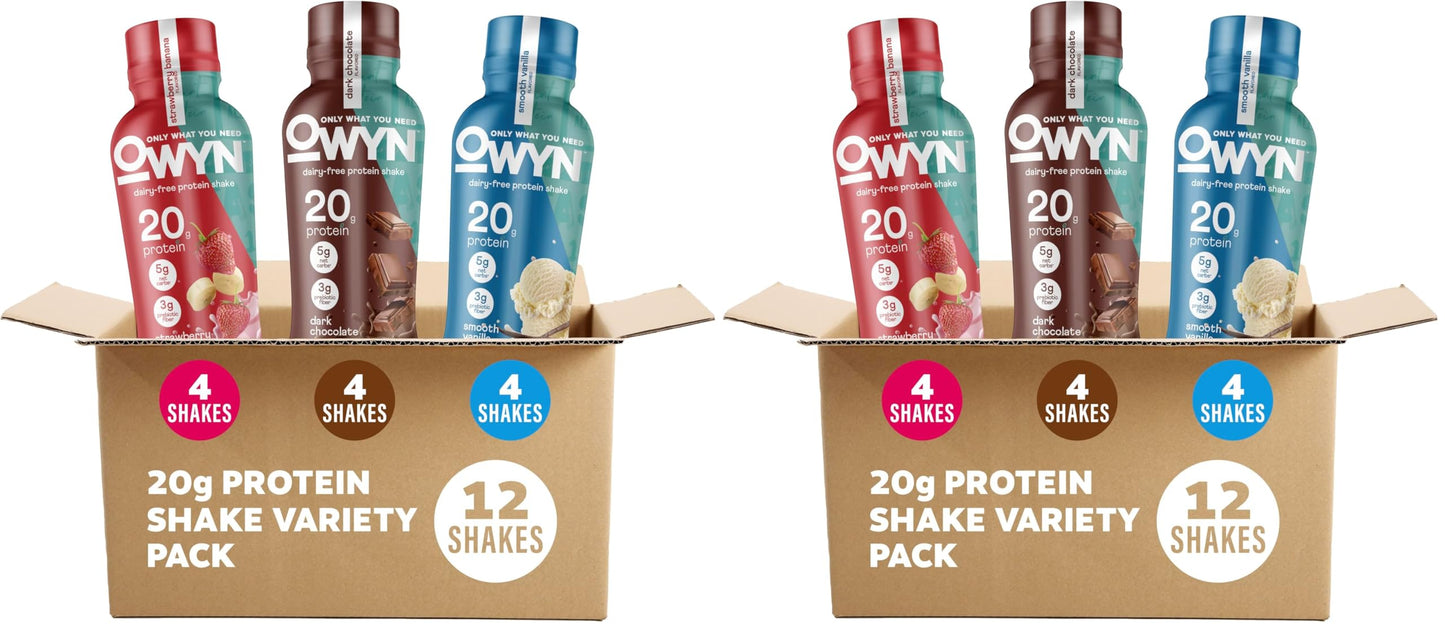 OWYN Only What You Need Protein Shake Variety Pack, Dark Chocolate, Cold Brew Coffee, Cookies and Creamless, 20g Protein, 4g Sugar, 3g Fiber, Dairy Free, Plant Based Protein Drink, 12 CT