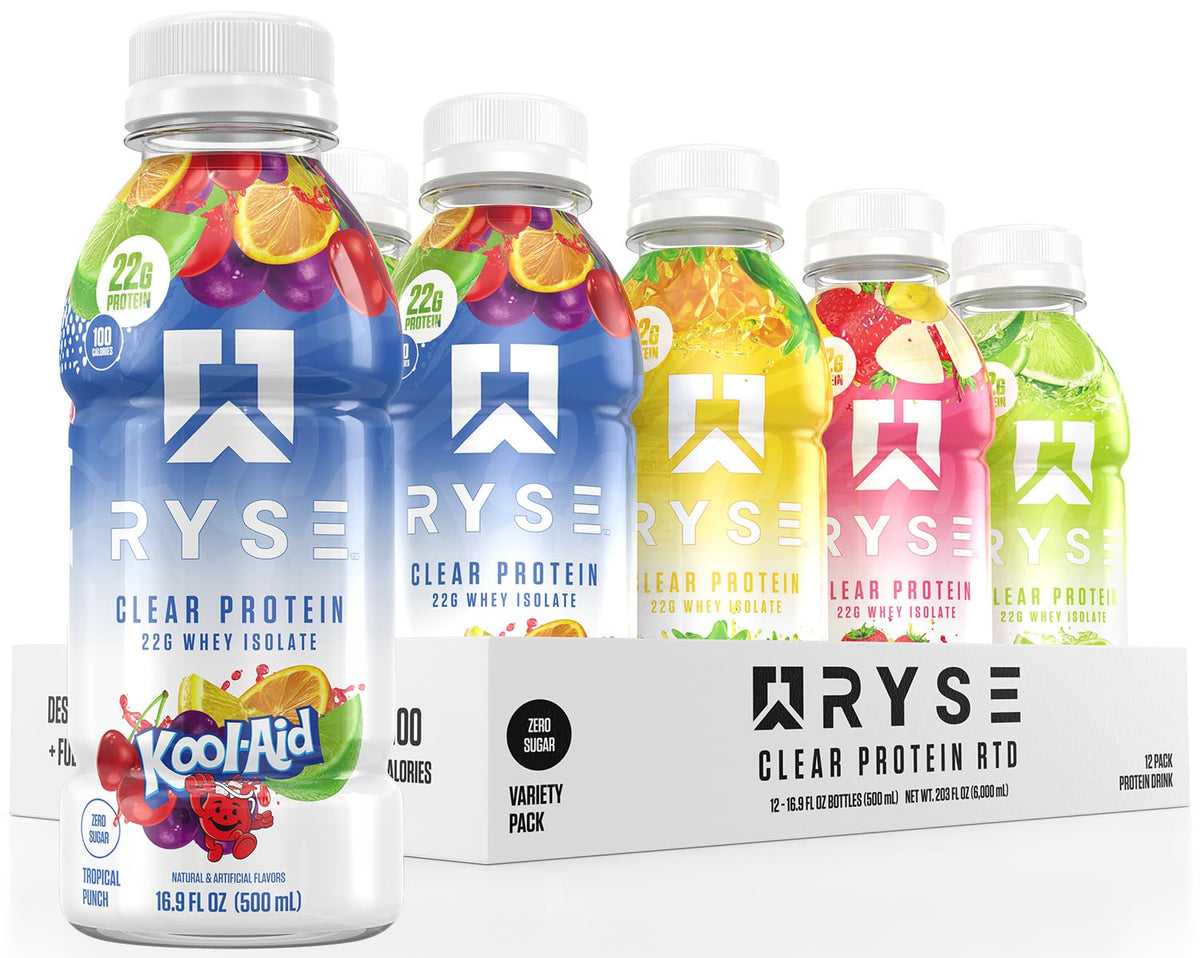 RYSE Clear Protein Drink - Kool-Aid Tropical Punch - 100 Calories, 22g Whey Isolate Protein Shake, Sugar-Free, 0g Fat & Lactose-Free - Refreshing Ready-to-Drink Beverage - 16.9 fl oz Bottles (12-Pack)