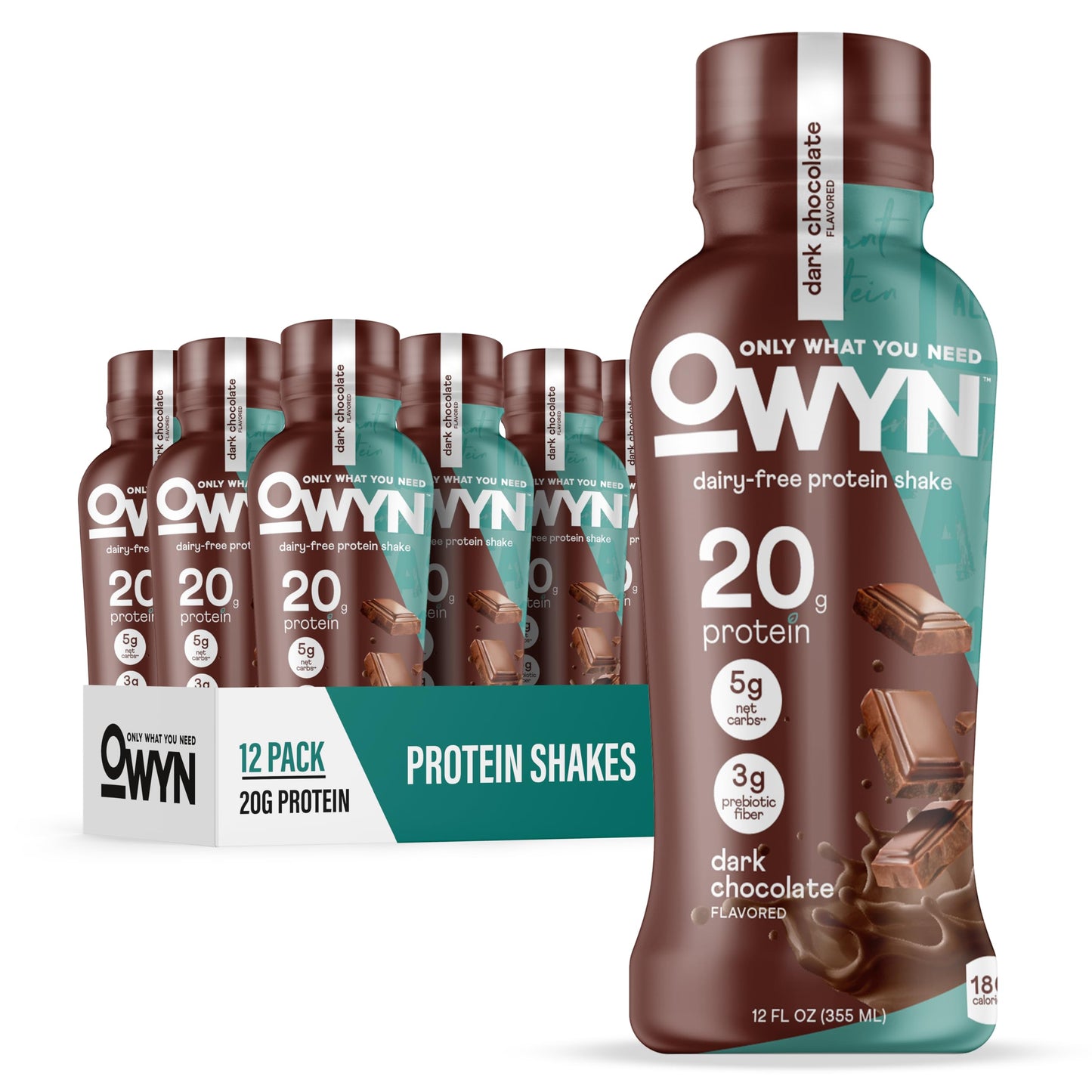 OWYN Only What You Need Protein Shake Variety Pack, Dark Chocolate, Cold Brew Coffee, Cookies and Creamless, 20g Protein, 4g Sugar, 3g Fiber, Dairy Free, Plant Based Protein Drink, 12 CT