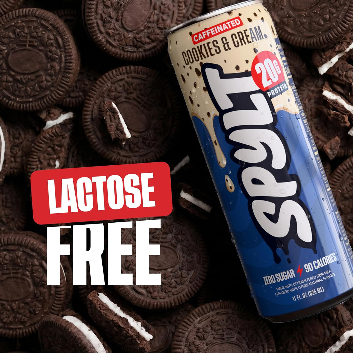Spylt High Protein Cookies & Cream Milk with 60mg Caffeine & 20g Protein - 90 Calories, Ready to Drink, Sugar Free, Lactose Free Milk, Perfect for Workout Recovery & Afternoon Pick Me Up - 12 Count - Packaging May Vary