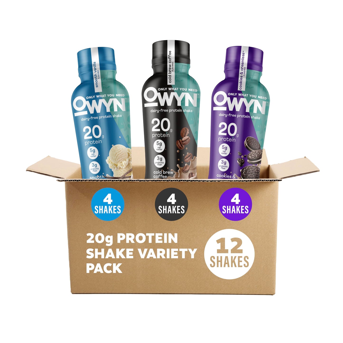 OWYN Only What You Need Protein Shake Variety Pack, Dark Chocolate, Cold Brew Coffee, Cookies and Creamless, 20g Protein, 4g Sugar, 3g Fiber, Dairy Free, Plant Based Protein Drink, 12 CT
