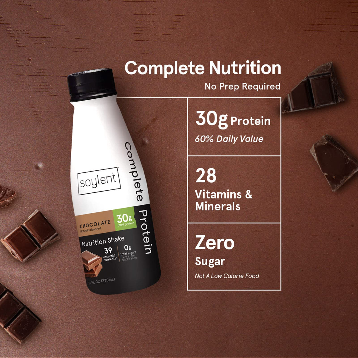 Soylent Complete Protein Shake, Chocolate, 30g Protein, Vegan, Dairy Free and 0g Sugar, Ready to Drink Protein Drinks, 11oz (12 Pack)