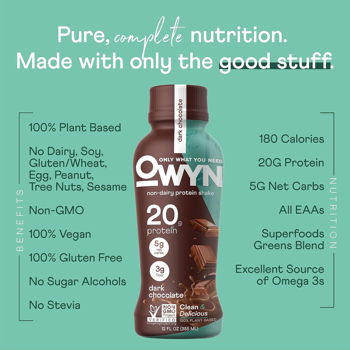 OWYN Only What You Need Dark Chocolate Flavored 20g Protein Shake, 12 Ct