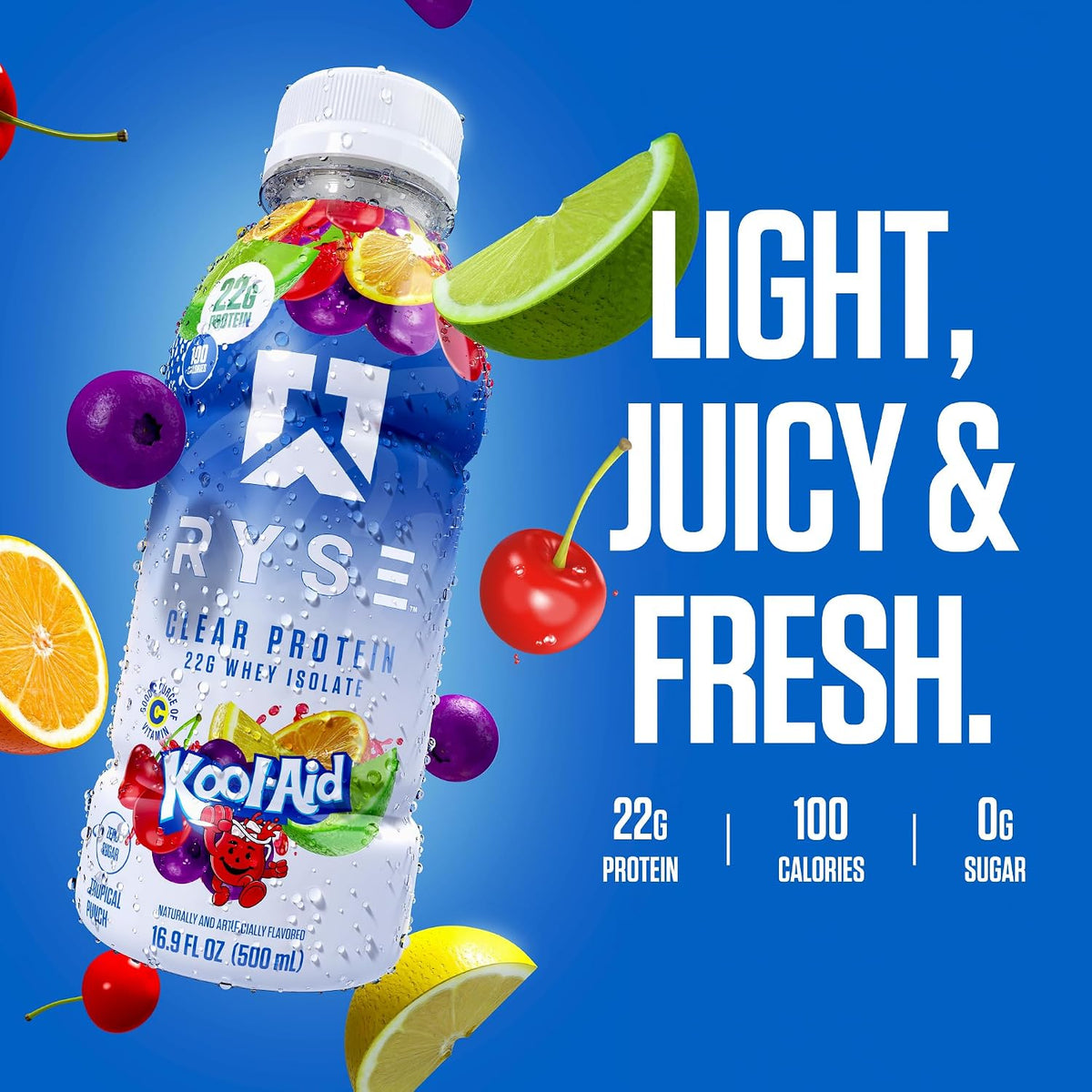 RYSE Clear Protein Drink - Kool-Aid Tropical Punch - 100 Calories, 22g Whey Isolate Protein Shake, Sugar-Free, 0g Fat & Lactose-Free - Refreshing Ready-to-Drink Beverage - 16.9 fl oz Bottles (12-Pack)