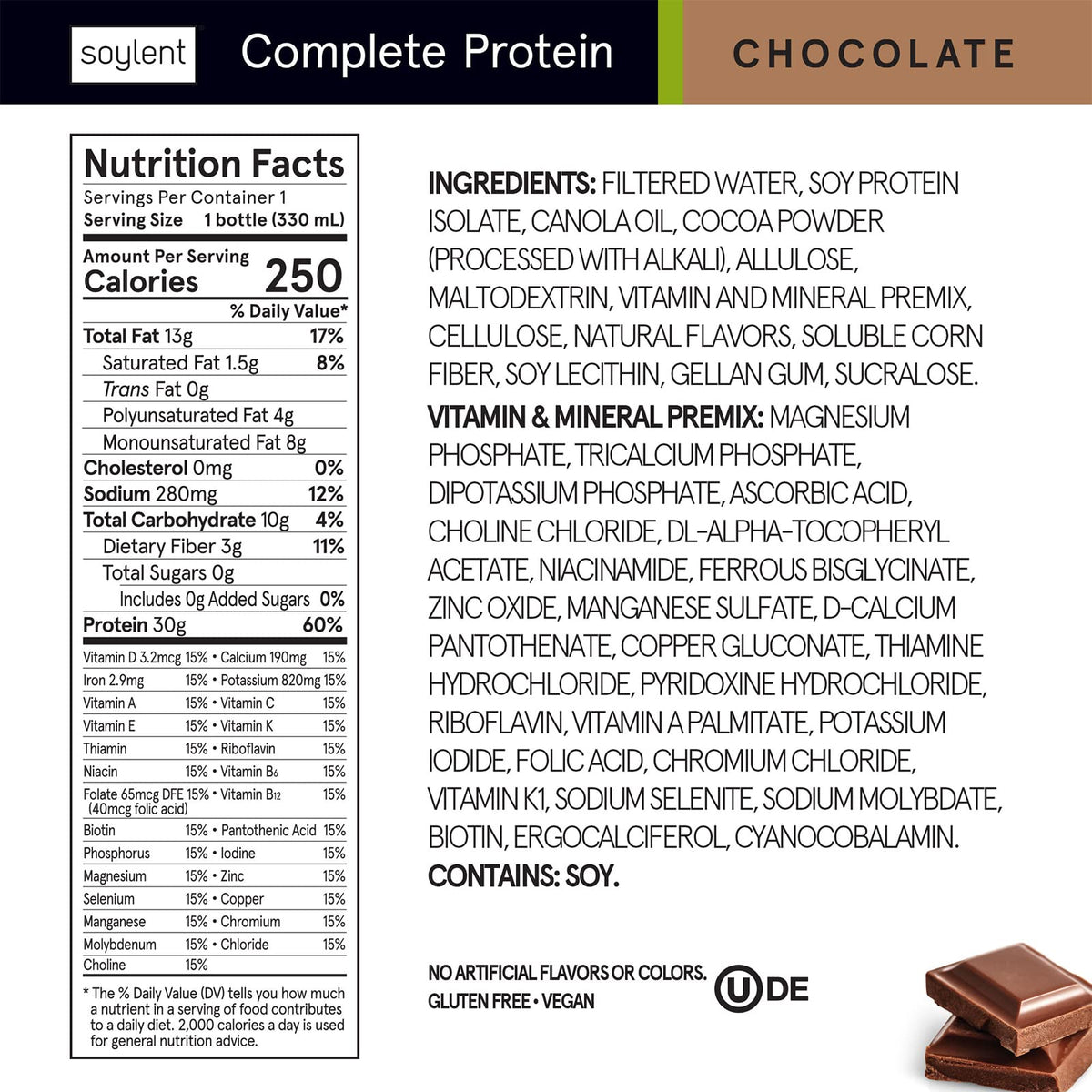 Soylent Complete Protein Shake, Chocolate, 30g Protein, Vegan, Dairy Free and 0g Sugar, Ready to Drink Protein Drinks, 11oz (12 Pack)