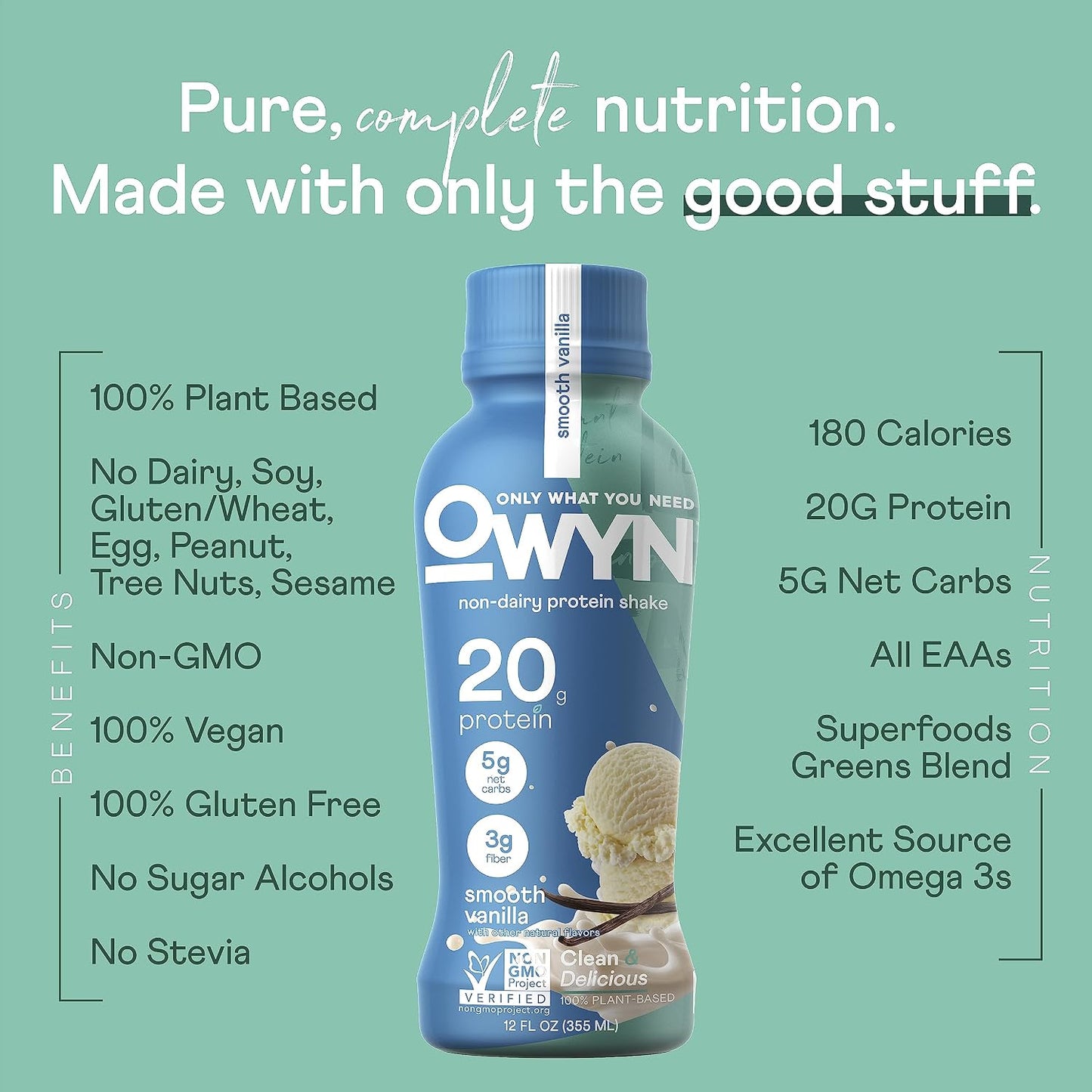 OWYN Only What You Need Plant Based Protein Shake, 20g Vegan Protein from Organic Pumpkin Seed, Flax, Pea Blend, Prebiotic Supplement, Superfood Greens, Gluten & Soy-Free (Vanilla, 24 Pack)