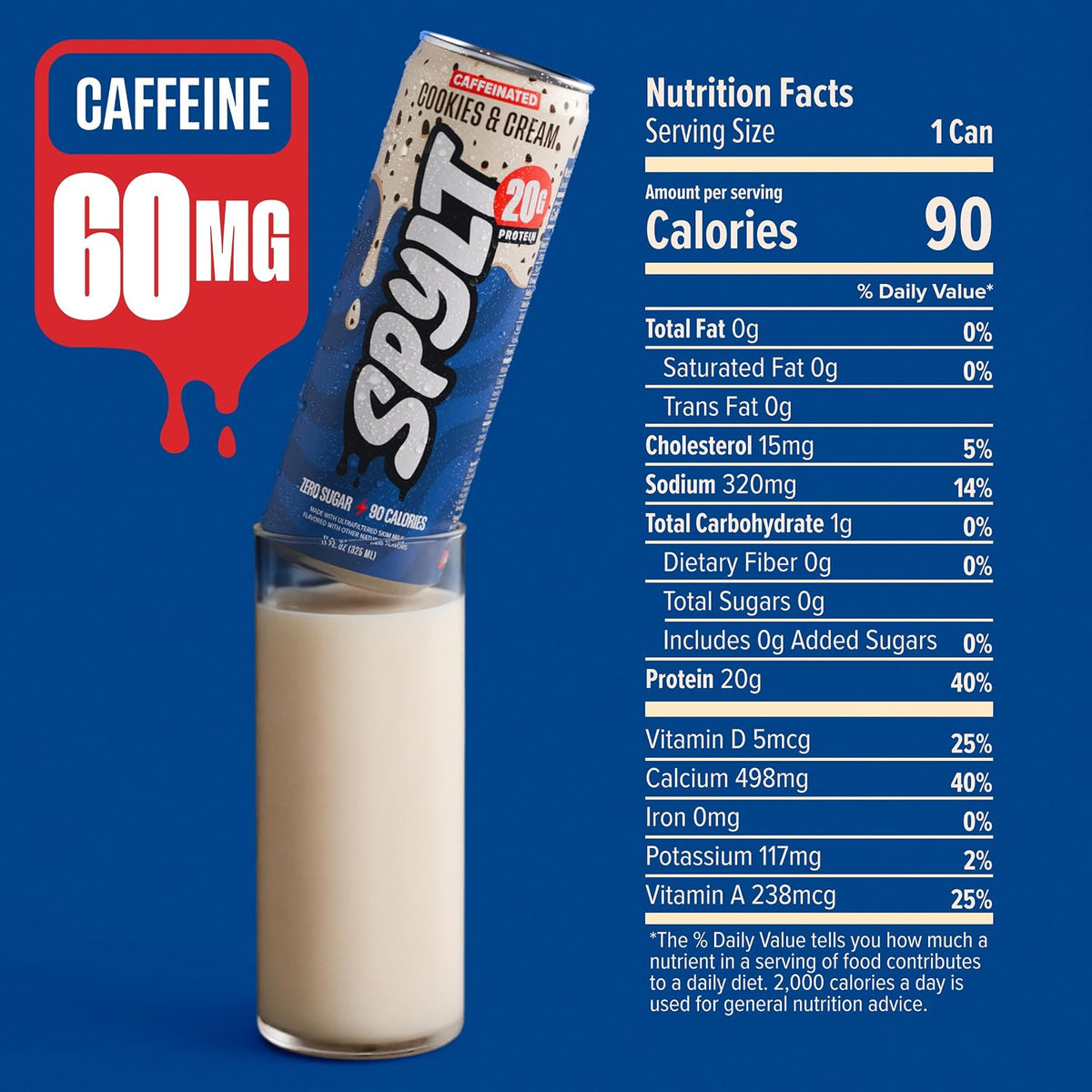 Spylt High Protein Cookies & Cream Milk with 60mg Caffeine & 20g Protein - 90 Calories, Ready to Drink, Sugar Free, Lactose Free Milk, Perfect for Workout Recovery & Afternoon Pick Me Up - 12 Count - Packaging May Vary