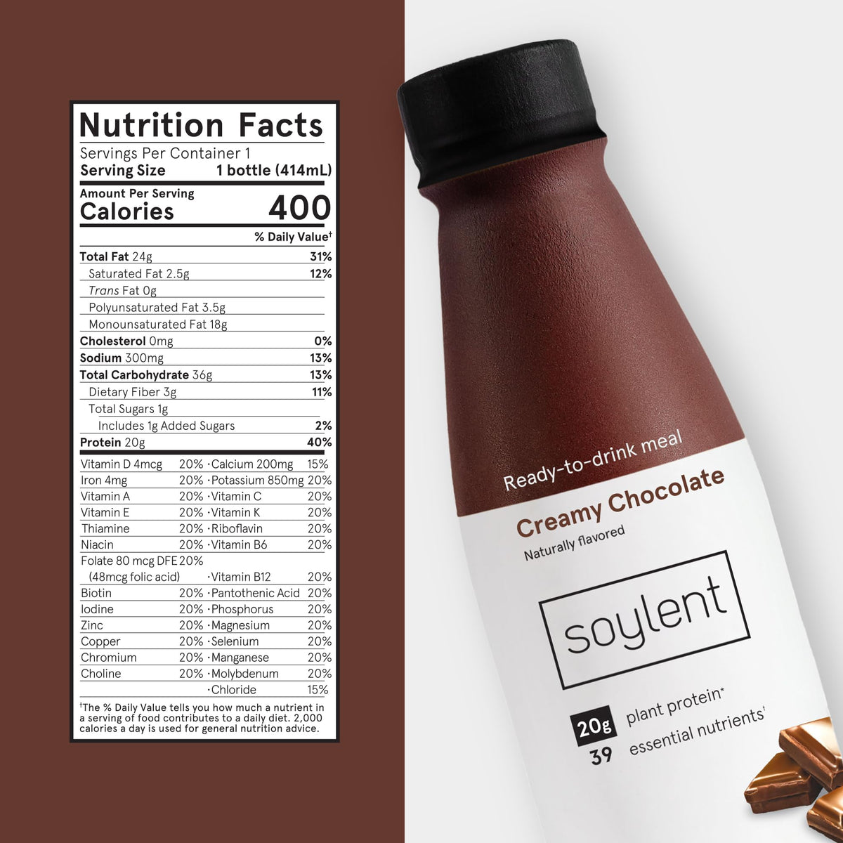 Soylent Original Meal Replacement Shake, Ready-to-Drink Plant Based Protein Drink, Contains 20g Complete Vegan Protein and 1g Sugar, 14oz, 12 Pack
