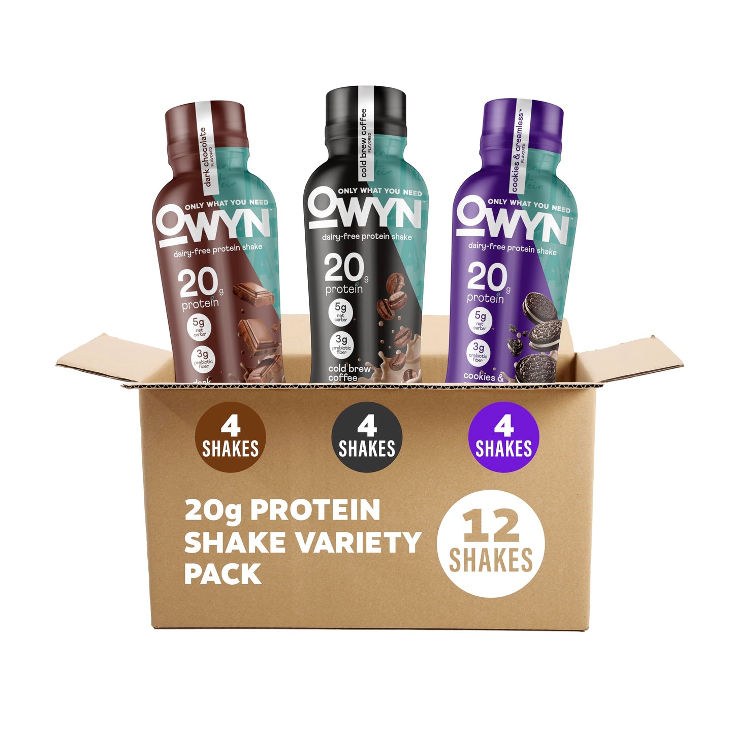 OWYN Only What You Need Protein Shake Variety Pack, Dark Chocolate, Cold Brew Coffee, Cookies and Creamless, 20g Protein, 4g Sugar, 3g Fiber, Dairy Free, Plant Based Protein Drink, 12 CT