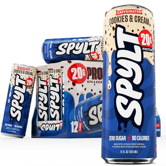 Spylt High Protein Cookies & Cream Milk with 60mg Caffeine & 20g Protein - 90 Calories, Ready to Drink, Sugar Free, Lactose Free Milk, Perfect for Workout Recovery & Afternoon Pick Me Up - 12 Count - Packaging May Vary