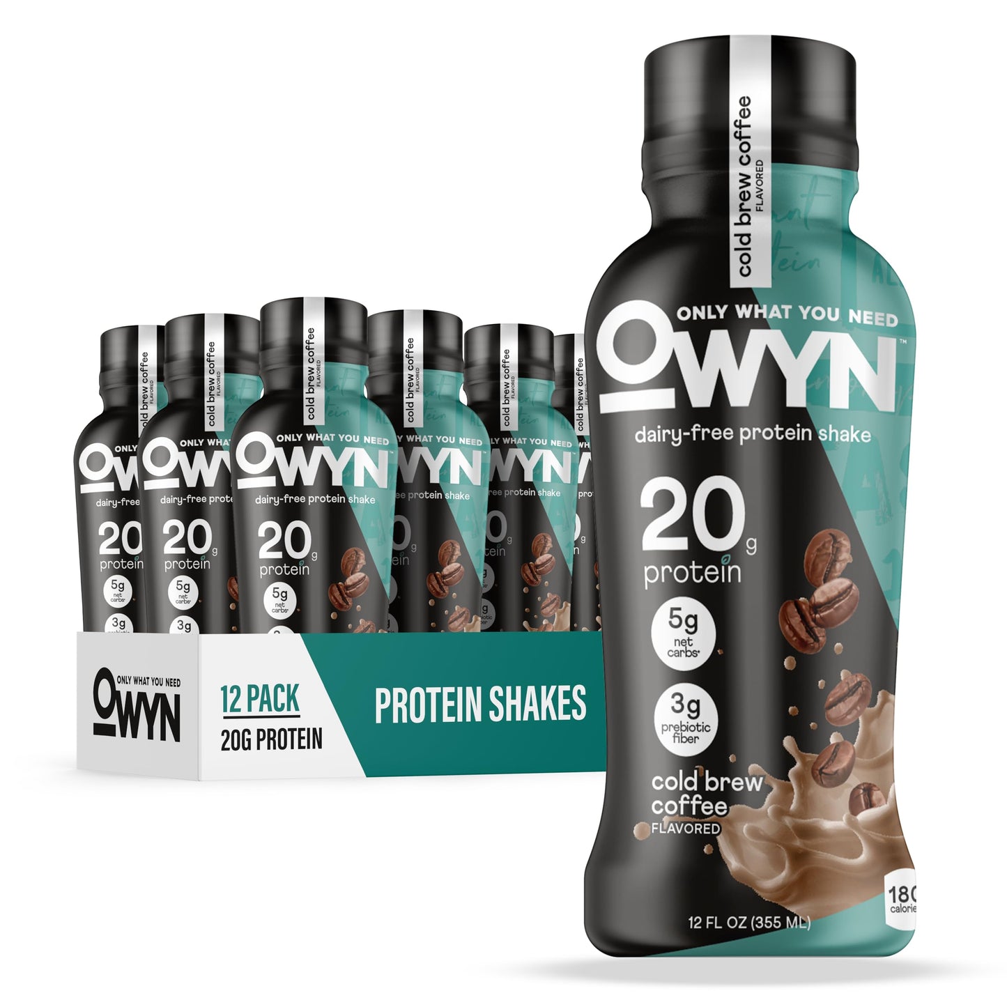 OWYN Only What You Need Protein Shake Variety Pack, Dark Chocolate, Cold Brew Coffee, Cookies and Creamless, 20g Protein, 4g Sugar, 3g Fiber, Dairy Free, Plant Based Protein Drink, 12 CT