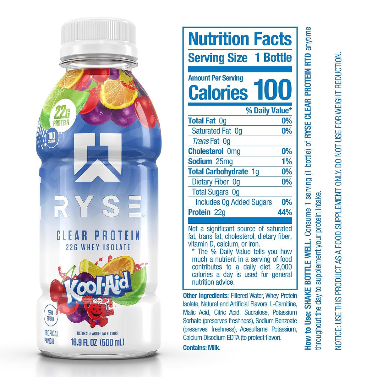 RYSE Clear Protein Drink - Kool-Aid Tropical Punch - 100 Calories, 22g Whey Isolate Protein Shake, Sugar-Free, 0g Fat & Lactose-Free - Refreshing Ready-to-Drink Beverage - 16.9 fl oz Bottles (12-Pack)