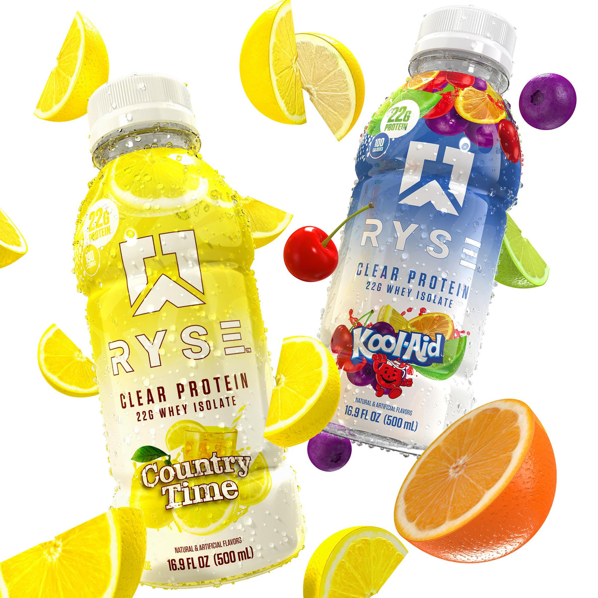 RYSE Clear Protein Drink - Kool-Aid Tropical Punch - 100 Calories, 22g Whey Isolate Protein Shake, Sugar-Free, 0g Fat & Lactose-Free - Refreshing Ready-to-Drink Beverage - 16.9 fl oz Bottles (12-Pack)