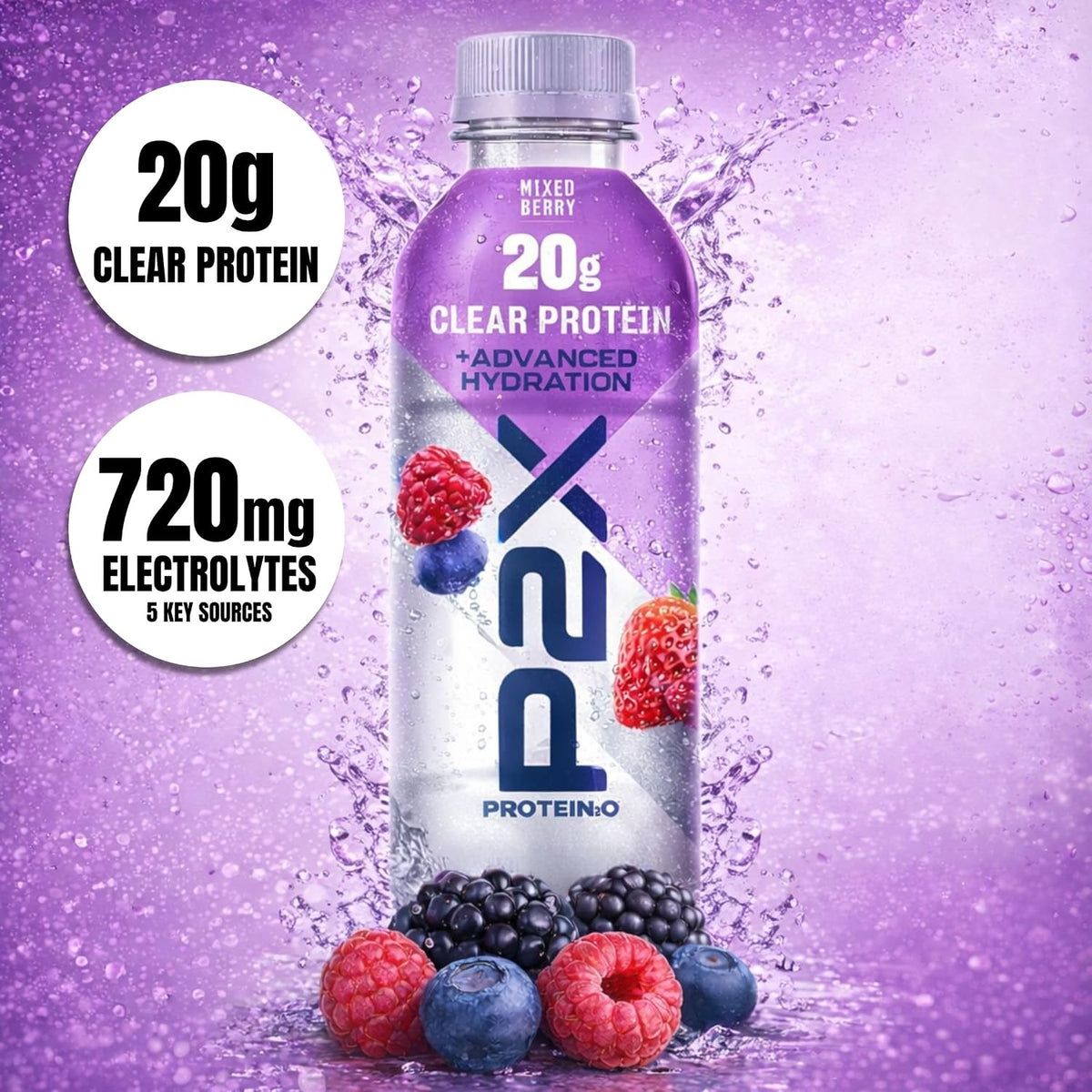 Protein2o P2X Advanced Hydration 20g Clear Protein Drink, 720mg of Electrolytes, 0g of Sugar - Post-Workout Recovery - 16.9 Fl Oz - 12 Count Mixed Berry