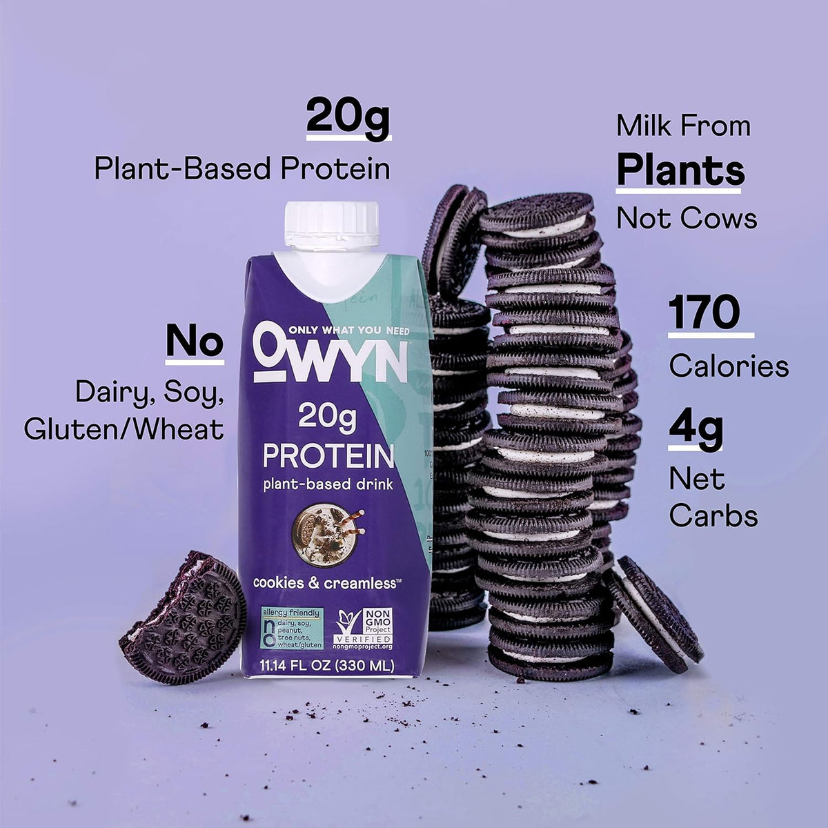OWYN Plant Based Protein Shake, 20g Vegan Protein from Organic Pumpkin seed, Flax, Pea, Prebiotic supplement, Superfood Greens, all-in-one nutrition, Eco Pack (Cookies & Creamless, 24 Pack)
