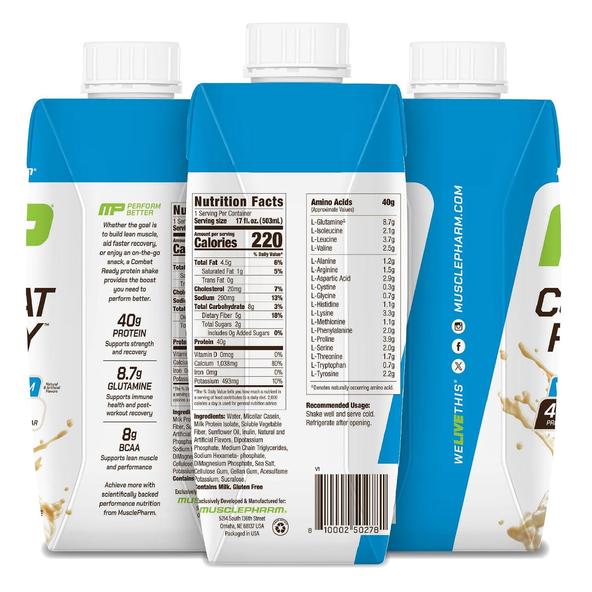 MusclePharm Combat Ready Protein Shake | Vanilla Ice Cream - 12 Pack