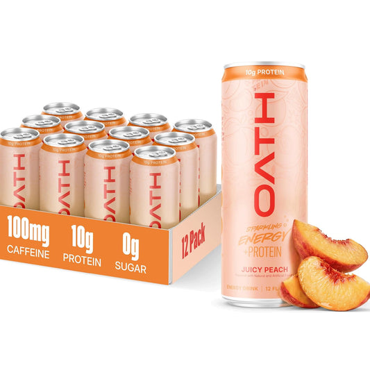 Oath Nutrition Sparkling Energy + Protein Drink, Juicy Peach Flavored, Sugar-Free Energy Drink with 10g of Complete Protein, 100mg of Natural Caffeine, 12 Ounces (12 Pack)