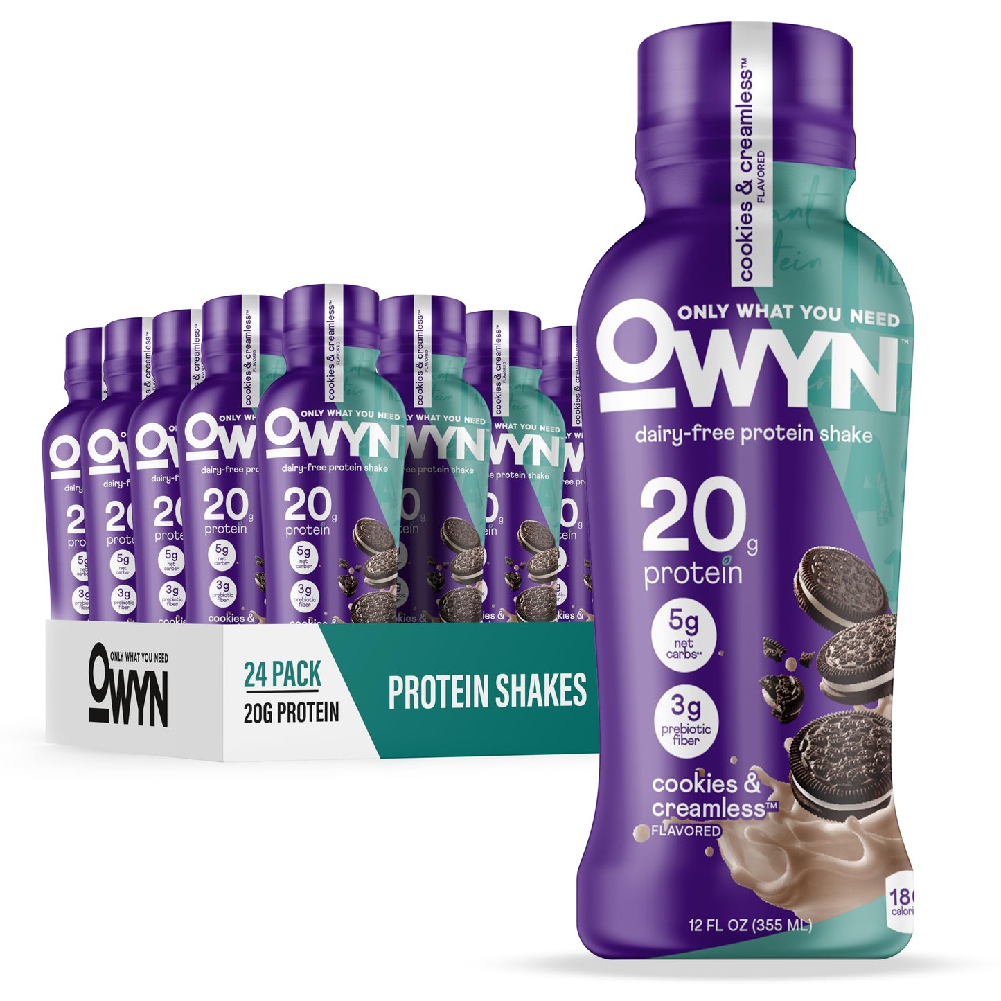 OWYN Only What You Need Protein Shake Variety Pack, Dark Chocolate, Cold Brew Coffee, Cookies and Creamless, 20g Protein, 4g Sugar, 3g Fiber, Dairy Free, Plant Based Protein Drink, 12 CT